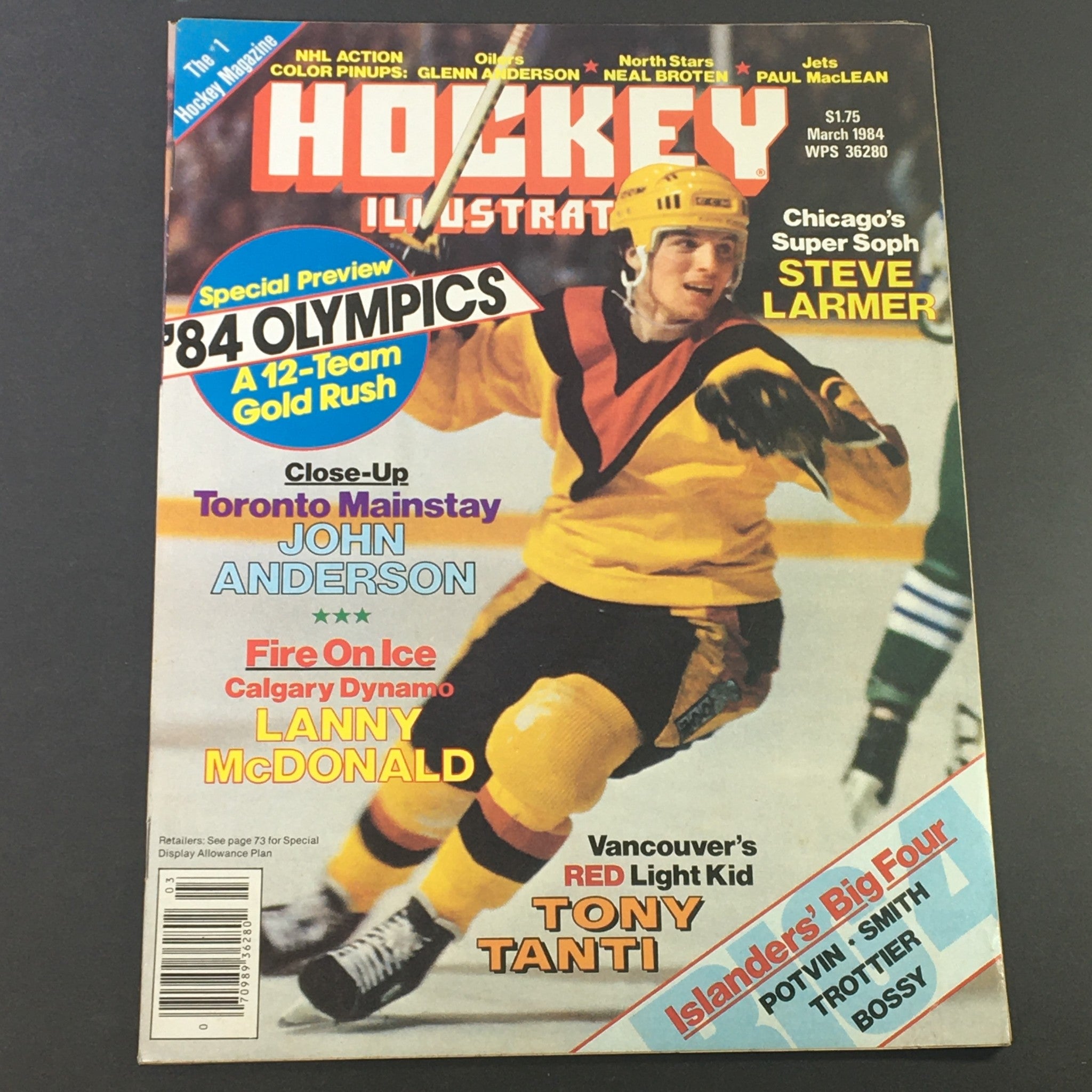 March 1984 issue of Hockey Illustrated featuring a cover image of Tony Tanti, NHL player, showcasing the magazine's special preview of the 1984 Olympics and articles about hockey legends.