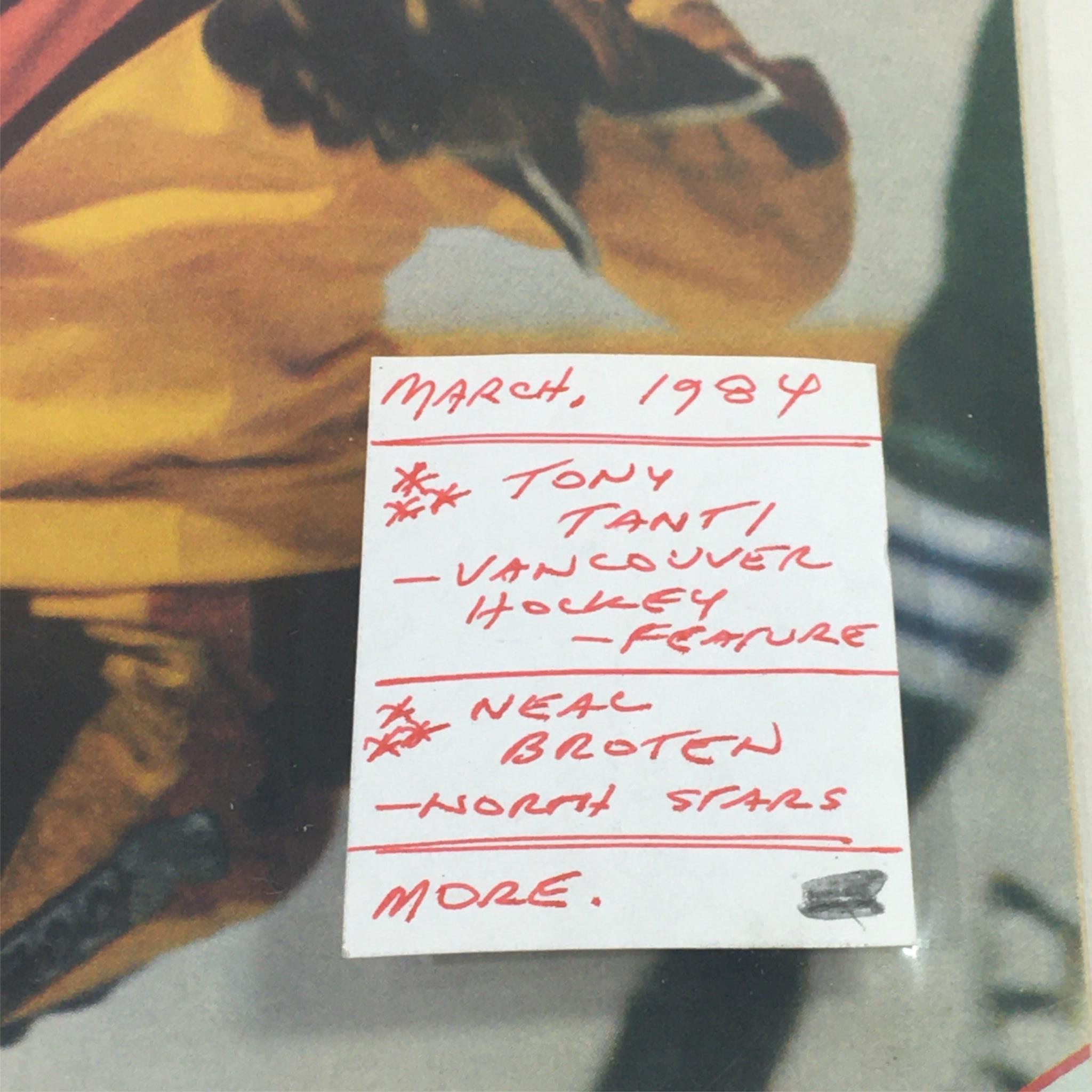Vintage Hockey Illustrated Magazine March 1984 cover featuring a handwritten note highlighting Tony Tanti and Neal Broten, showcasing the iconic players from the NHL.