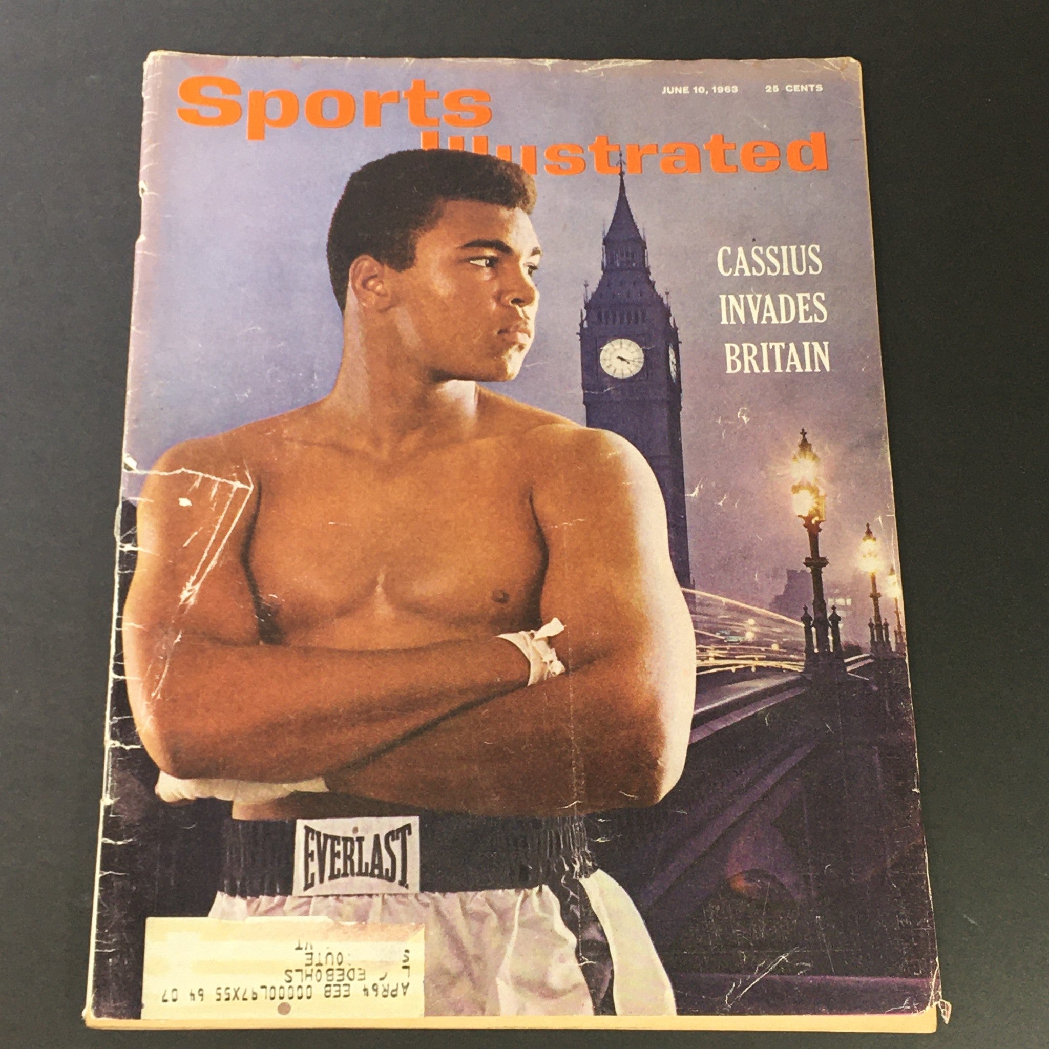 Vintage Sports Illustrated Magazine cover from June 10, 1963 featuring Cassius Clay, showcasing him in a boxing stance with Big Ben in the background, highlighting the theme 'Cassius Invades Britain'.