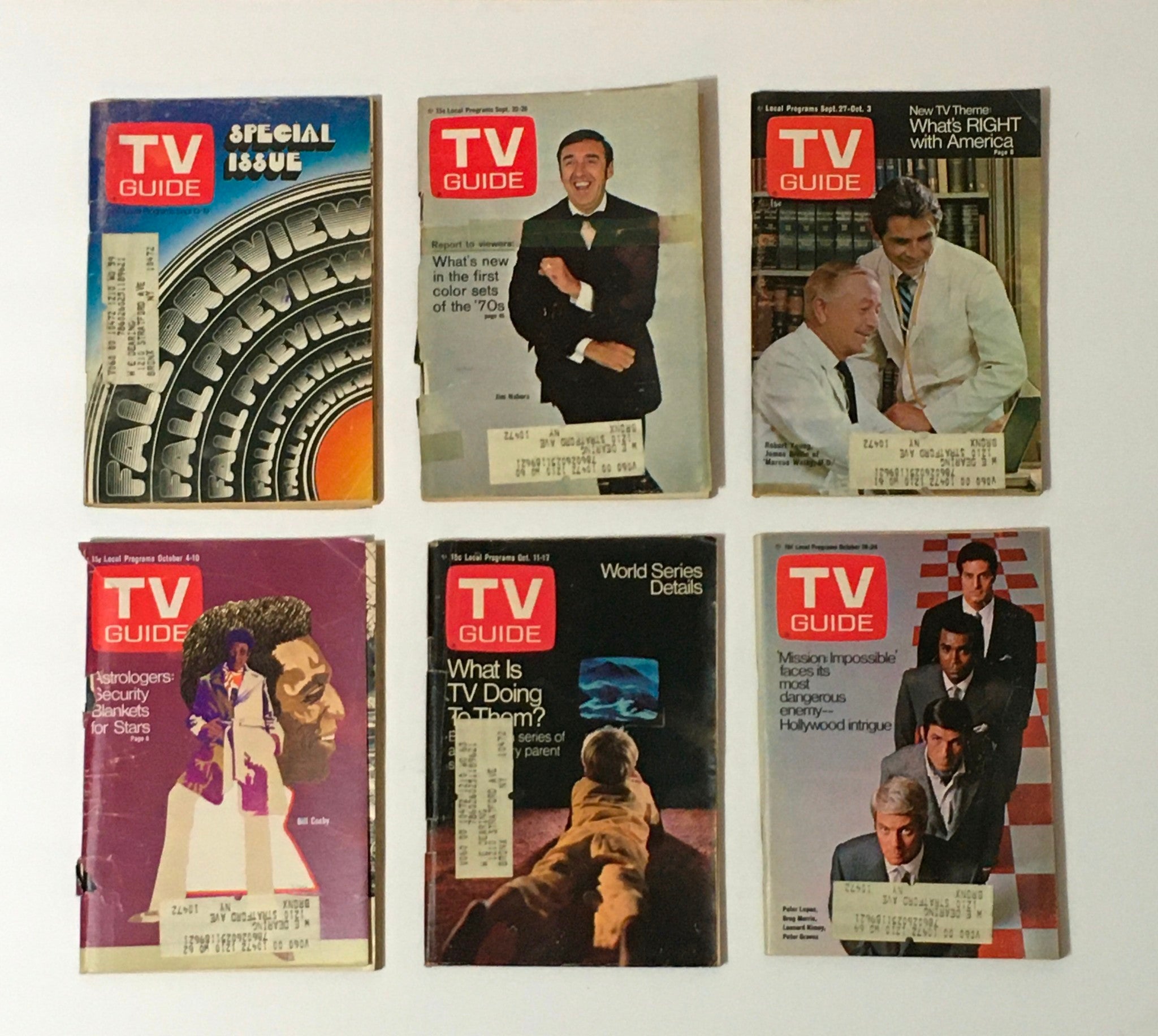 Collection of TV Guide Magazine covers from 1969 illustrating popular culture and television events. Complete Year Of TV Guide Magazines 1969, 52 Issues- Special Issue Fall Preview.