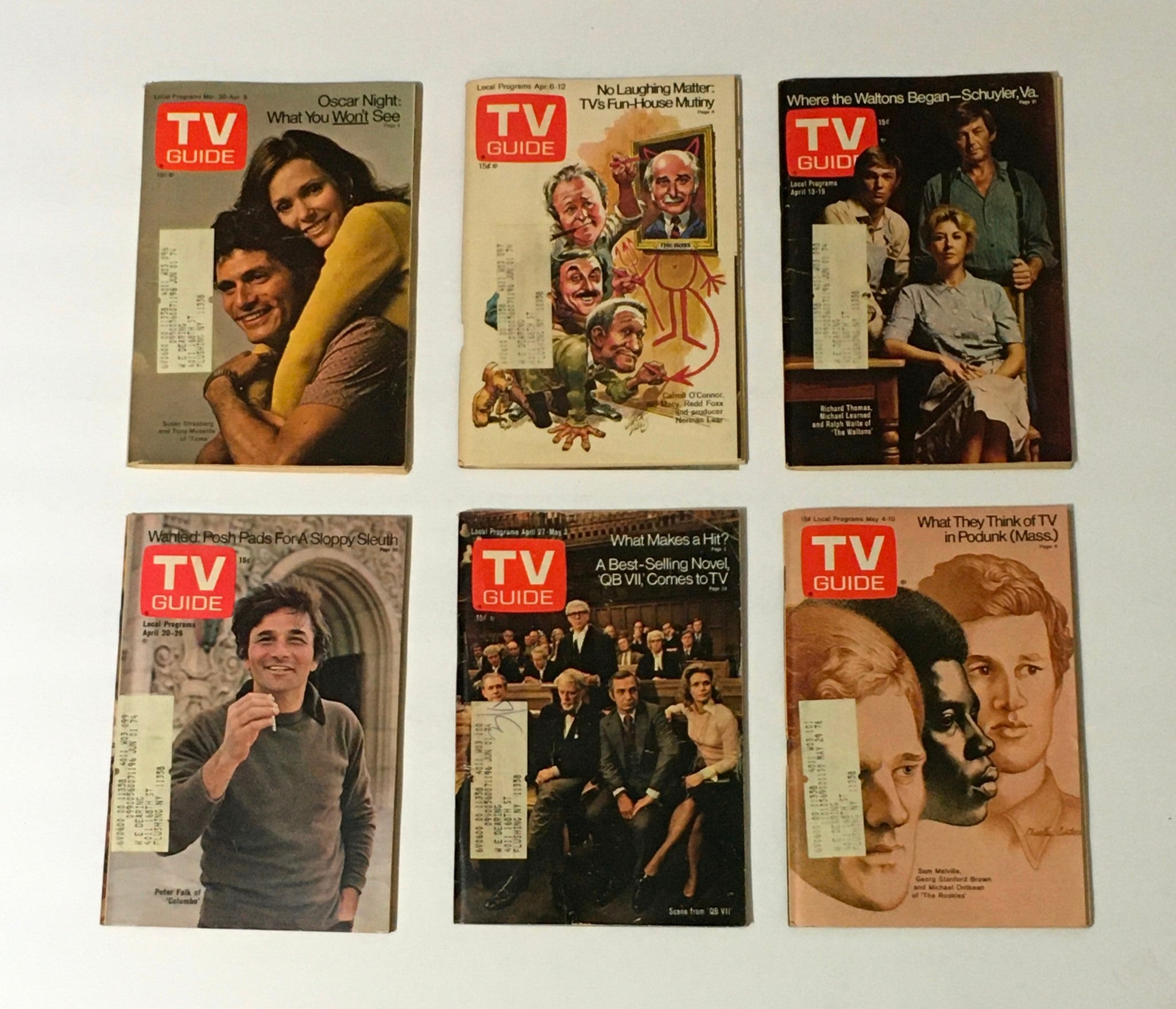 Complete Year Of TV Guide Magazines 1974 - Highlighting popular features from covers, focusing on Oscar Night, The Waltons, and various television aspects.