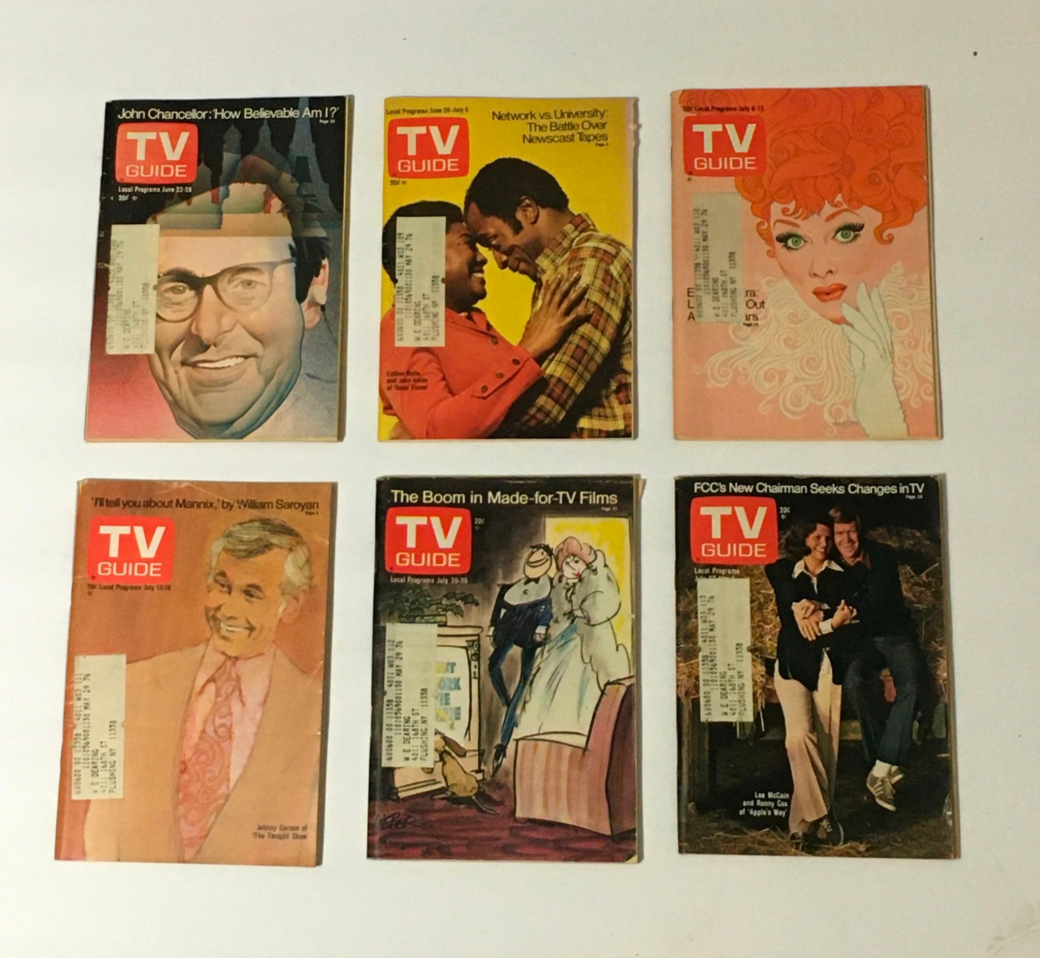 Complete Year of TV Guide Magazines 1974 - A display of six issues from June and July, showcasing intriguing articles and vibrant cover art reflective of 1970s television.