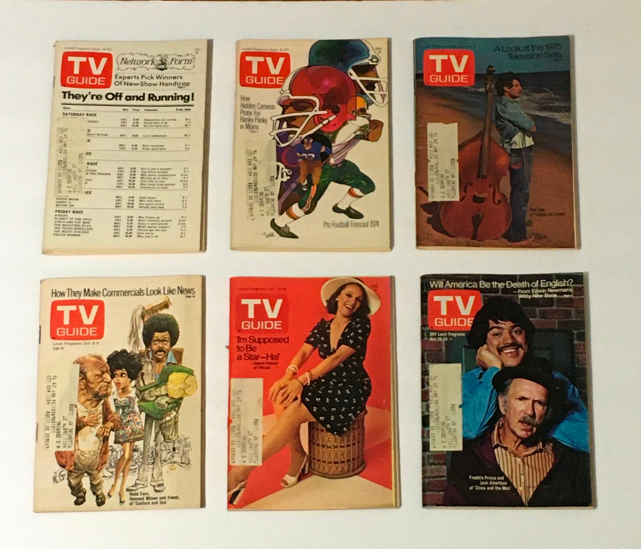 Complete Year of TV Guide Magazines 1974 - A set of six magazines focusing on critical topics in entertainment and the evolving television scene in the mid-1970s.
