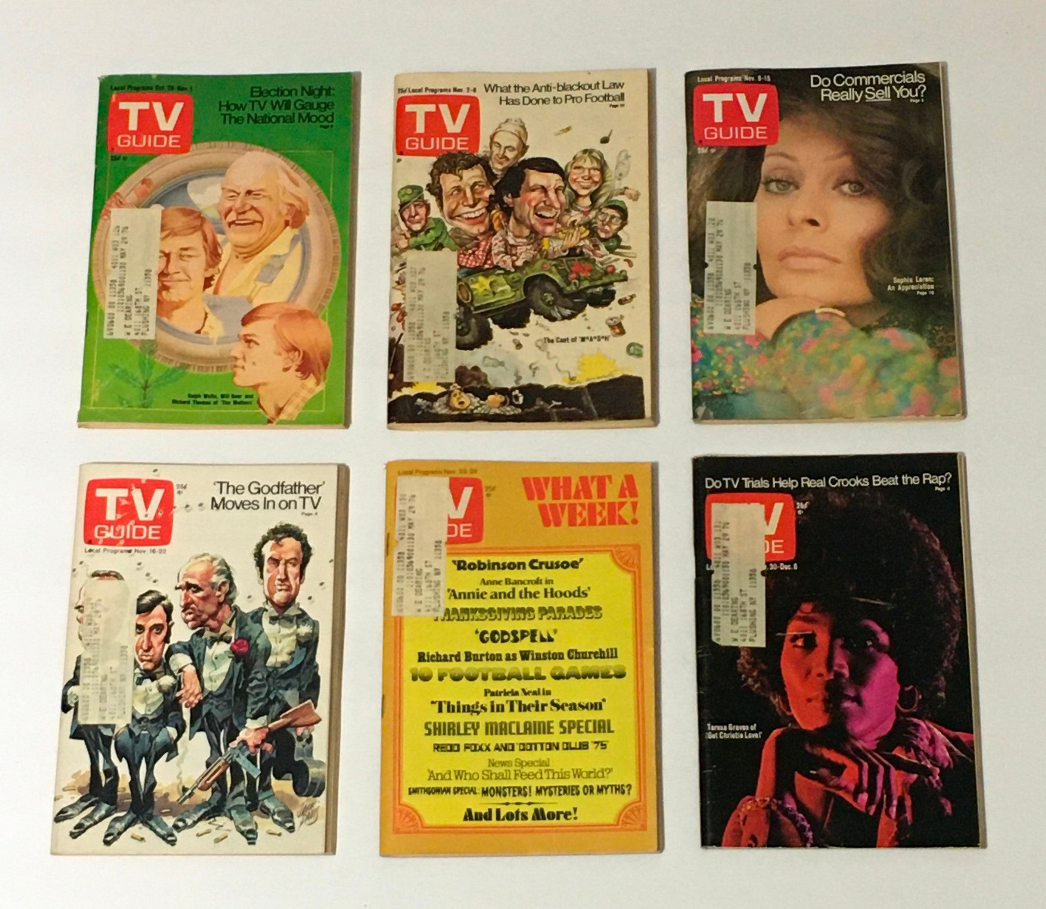 Complete Year of TV Guide Magazines 1974 - Six iconic issues discussing significant events in television, cultural shifts, and advertisements typical of the 1974 era.