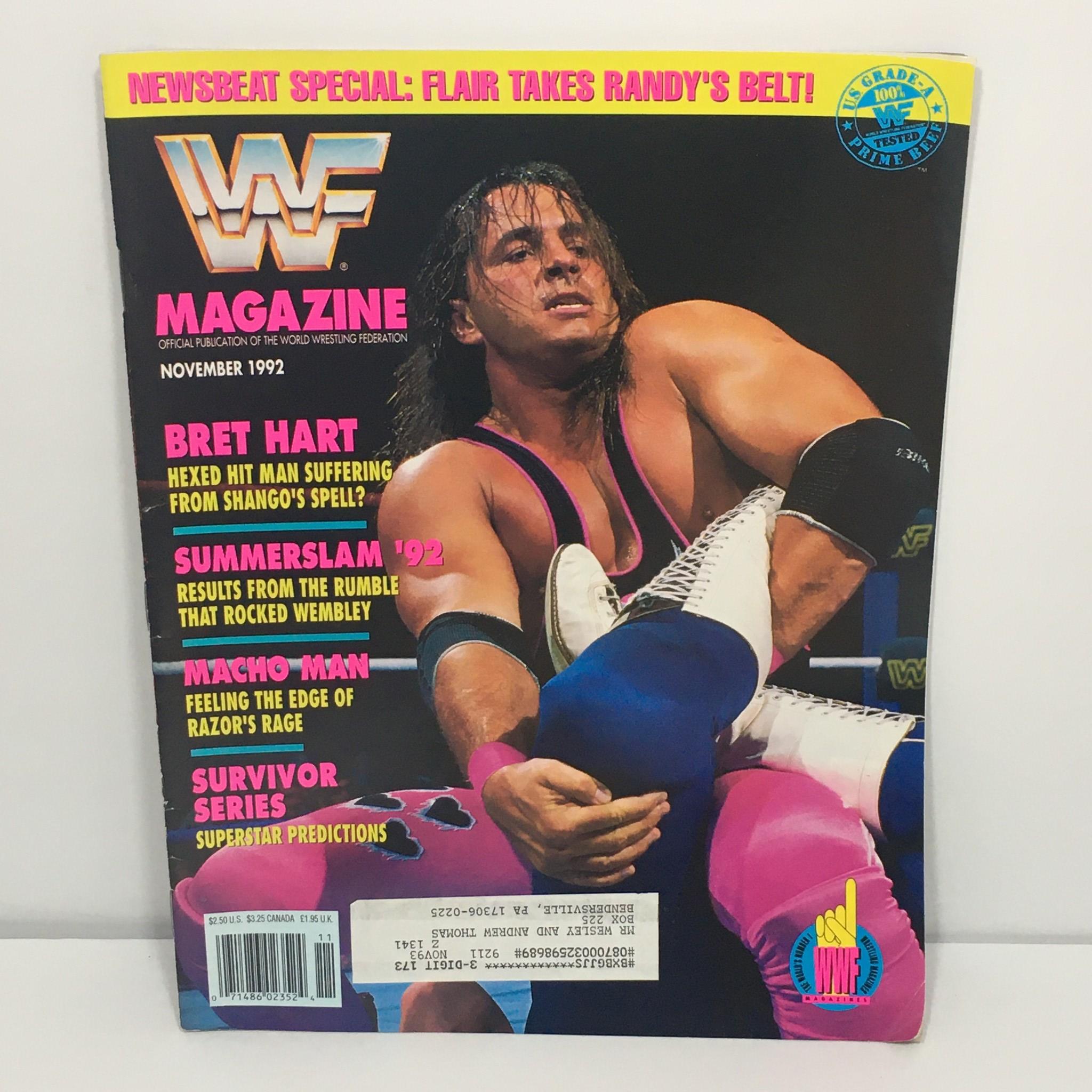 WWF / WWE Magazine November 1992 featuring Bret Hart on the cover, highlighting Summer Slam '92, showcasing a vintage wrestling collectible.
