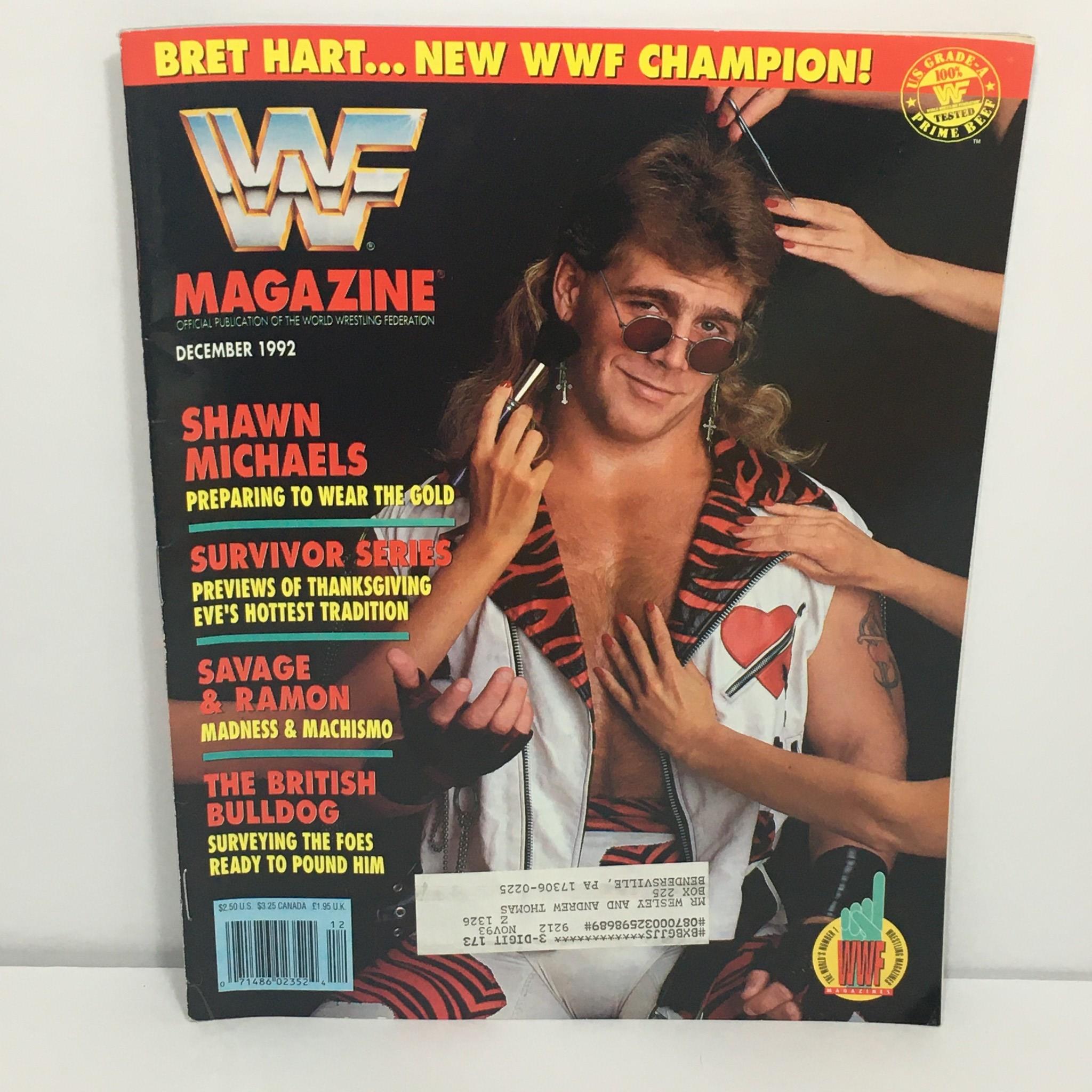 WWF / WWE Magazine December 1992 featuring Bret Hart as the new WWF Champion on the cover, showcasing wrestling nostalgia with Shawn Michaels and more inside.