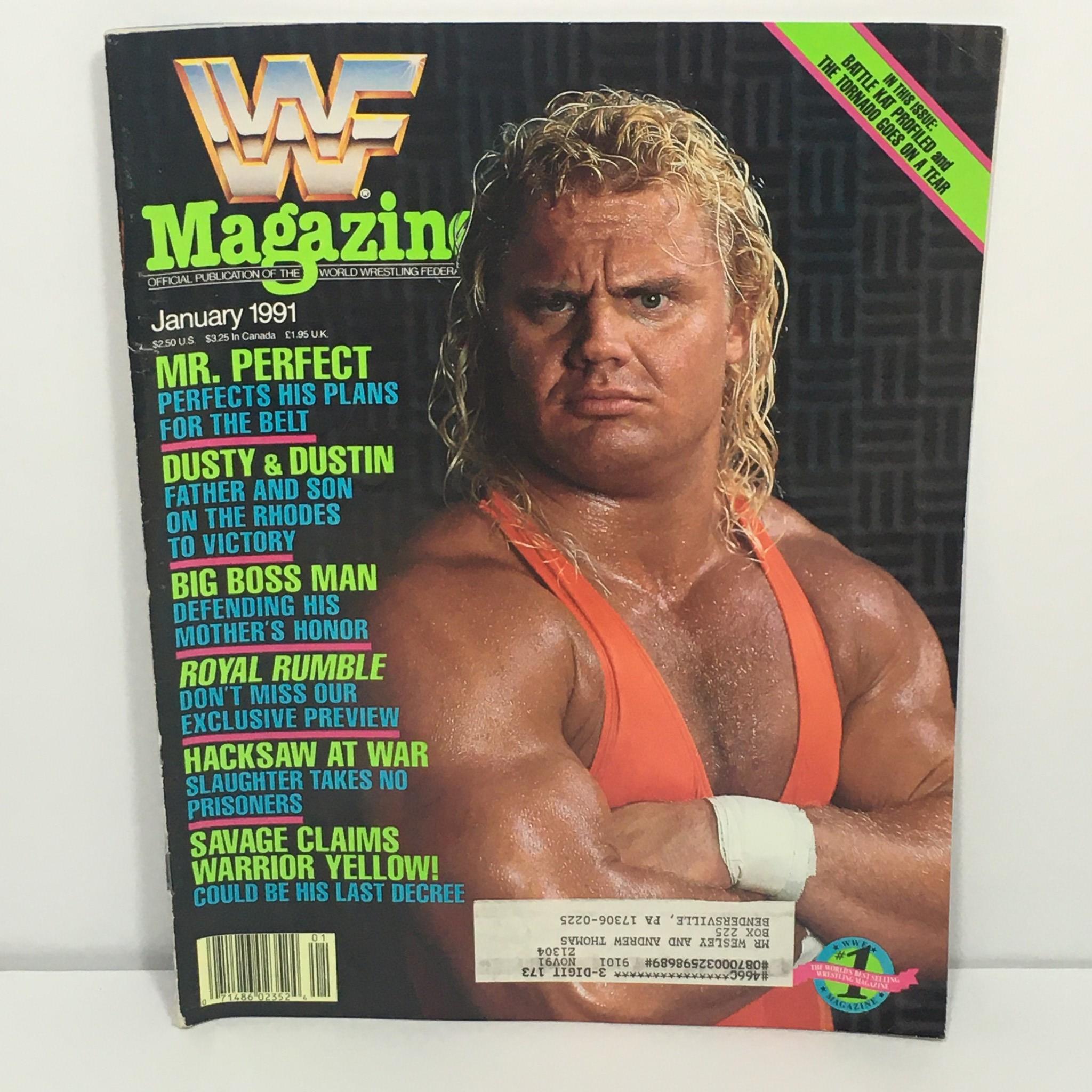 WWF/WWE Magazine Cover from January 1991 featuring Mr. Perfect, alongside Dusty and Dustin Rhodes, showcasing the vibrant colors and iconic wrestlers of early 90s wrestling history.