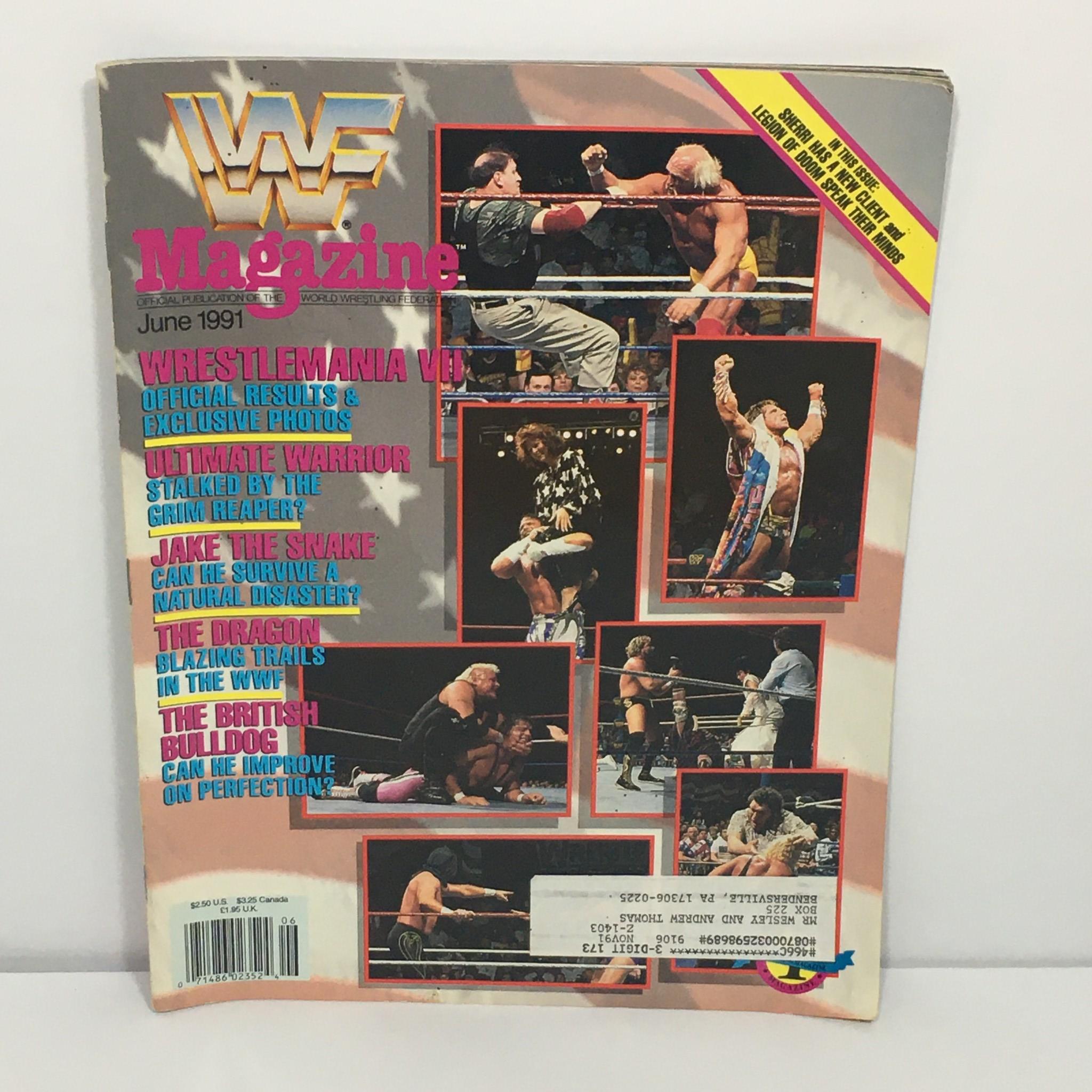WWF/WWE Magazine June 1991 cover featuring WrestleMania VII highlights, Ultimate Warrior, and wrestling match images. This collectible magazine showcases iconic moments and figures from the golden age of wrestling.