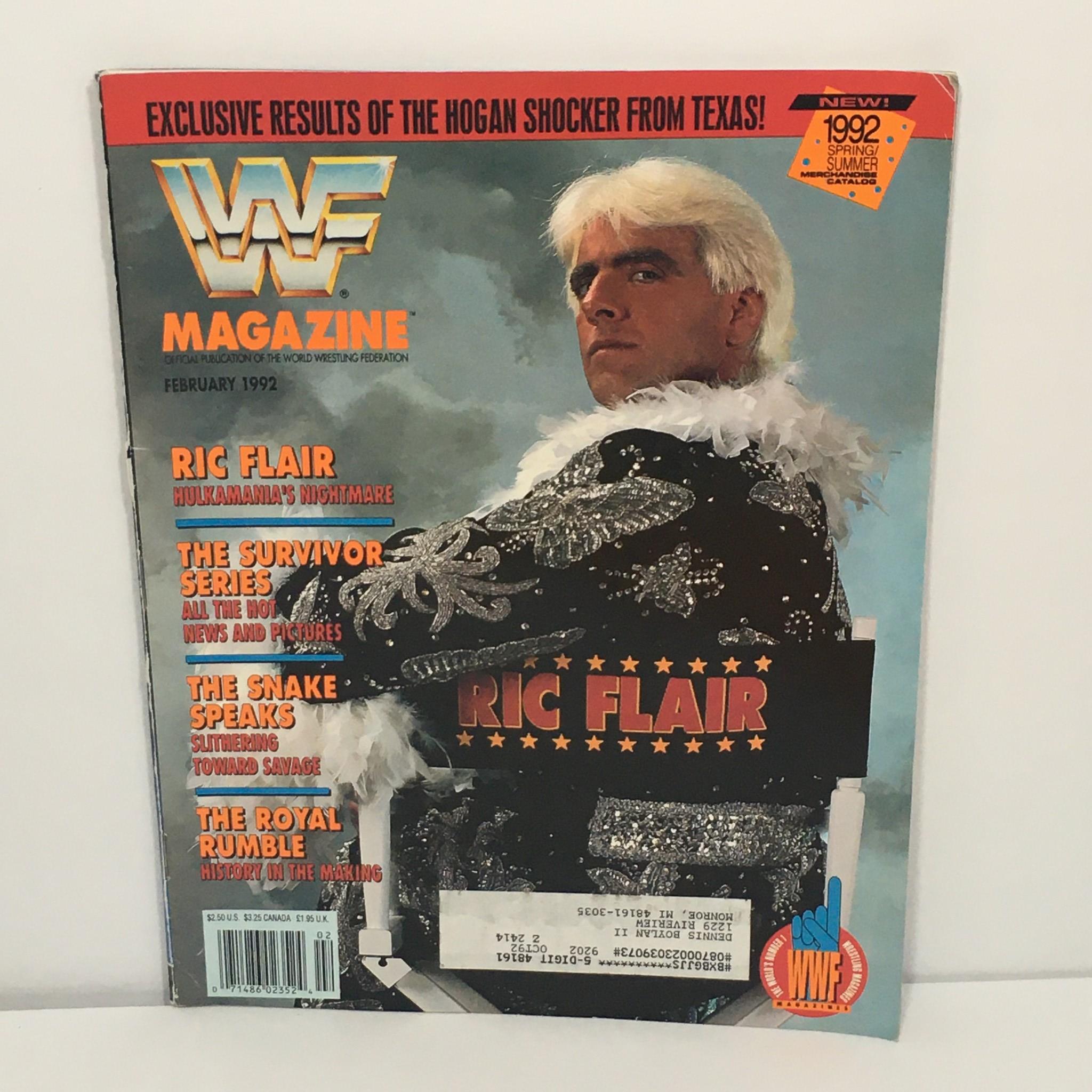 WWF/WWE Magazine February 1992 cover featuring Ric Flair, highlighting key topics including The Survivor Series and Royal Rumble. Vintage magazine showcasing the iconic wrestler in a sparkling outfit, emphasizing wrestling history.