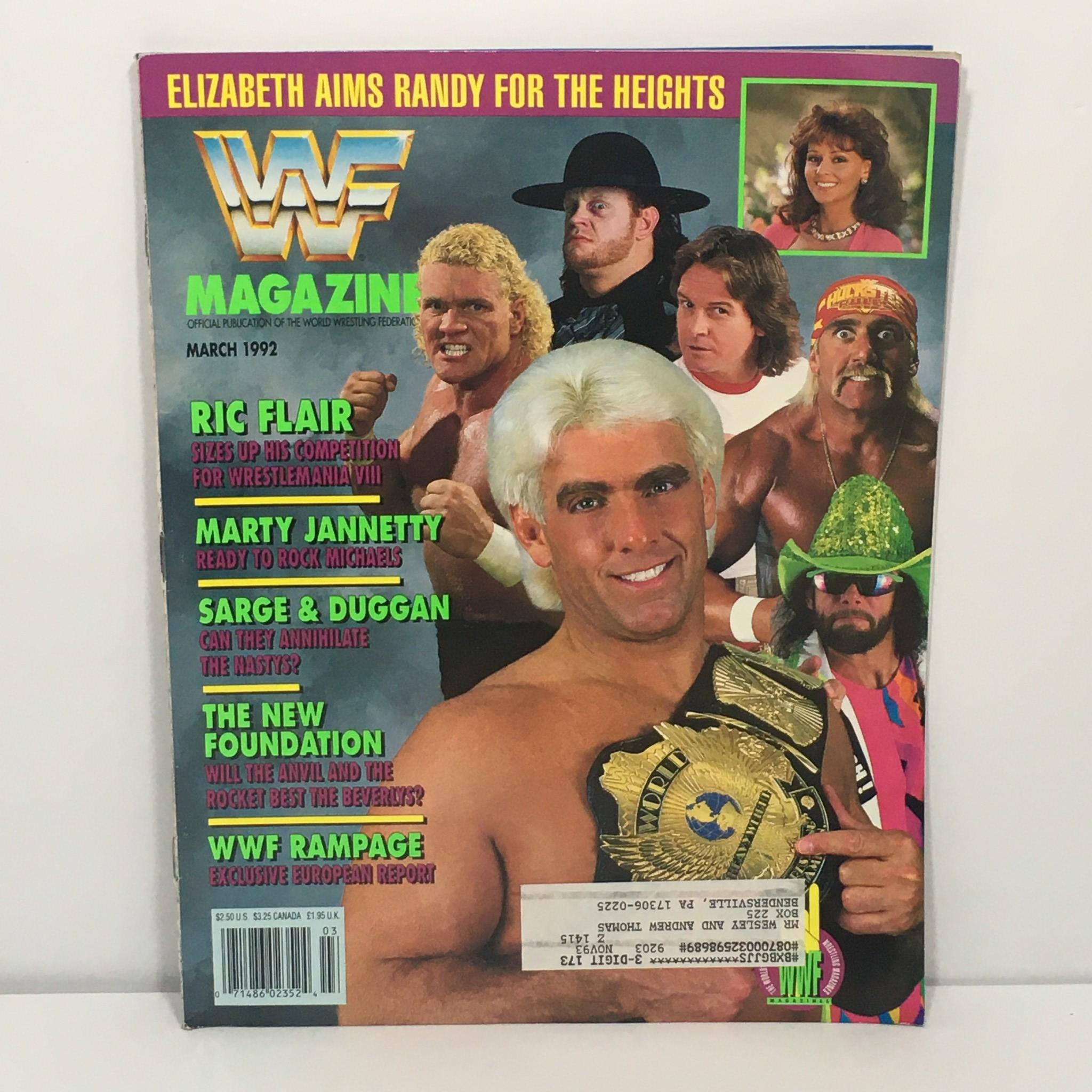 WWF/WWE Magazine from March 1992 featuring iconic wrestlers Ric Flair, Marty Jannetty, Sarge, and Duggan on the cover. The magazine highlights wrestling culture from the early '90s, showcasing vintage professional wrestling personalities.