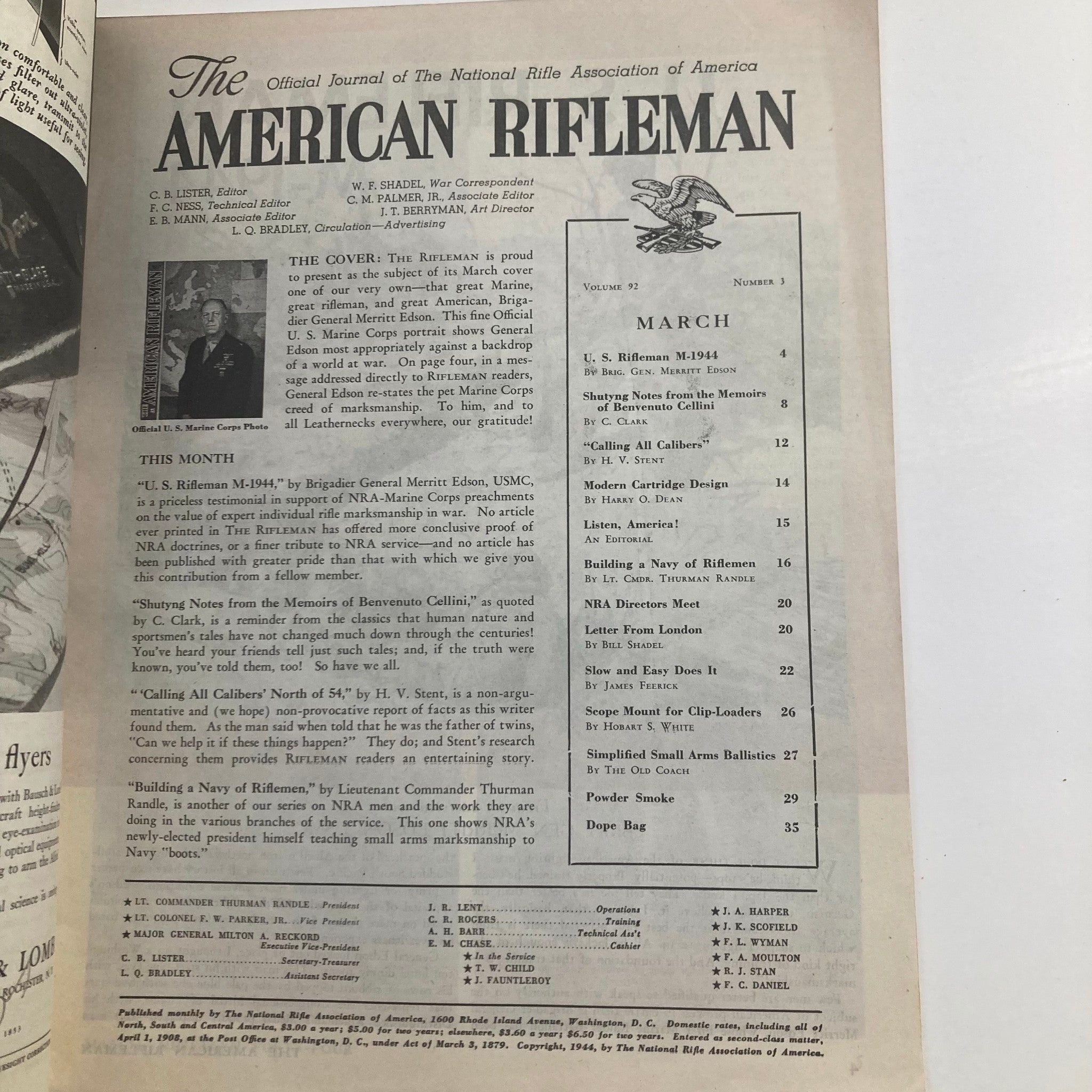 VTG American Rifleman Magazine March 1944 Vol 92 No. 3 General Meritt Edson