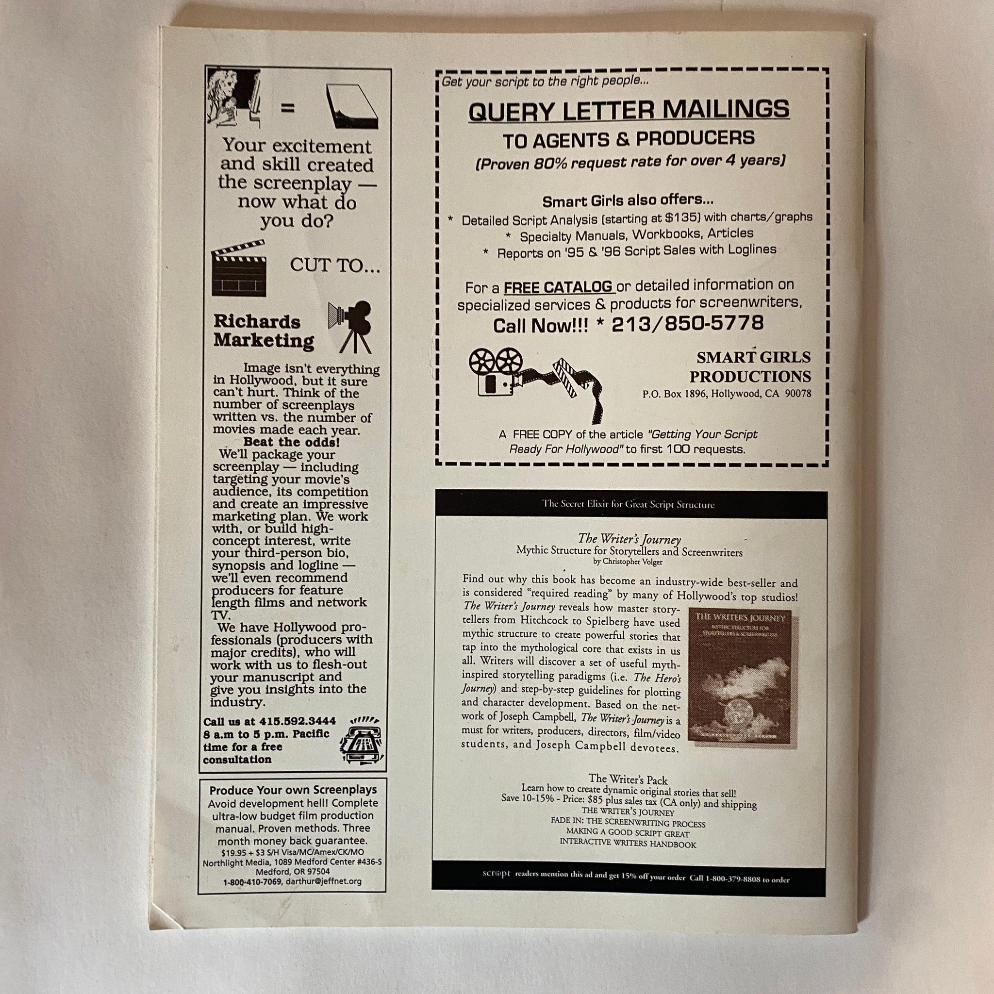 Back cover of the Script Magazine 1996 featuring advertising and information for screenwriters, including query letter mailings and script analysis services.