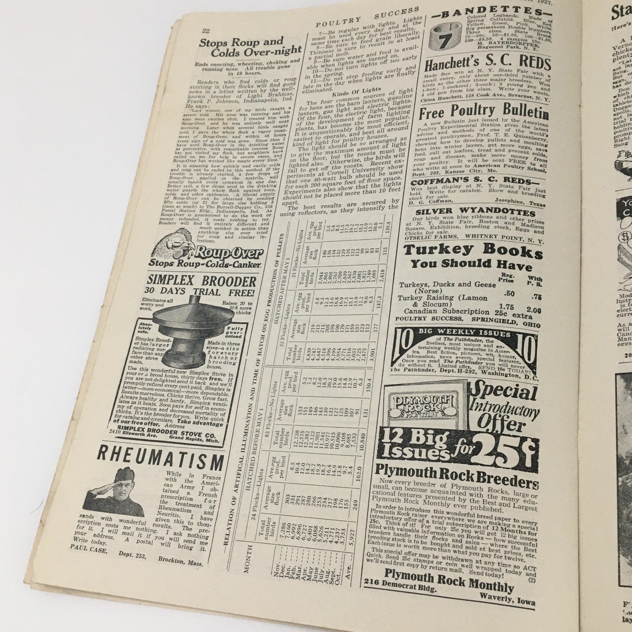 Interior page of VTG Poultry Success Magazine October 1927 featuring ads and articles related to poultry farming, highlighting nutrition and management techniques.
