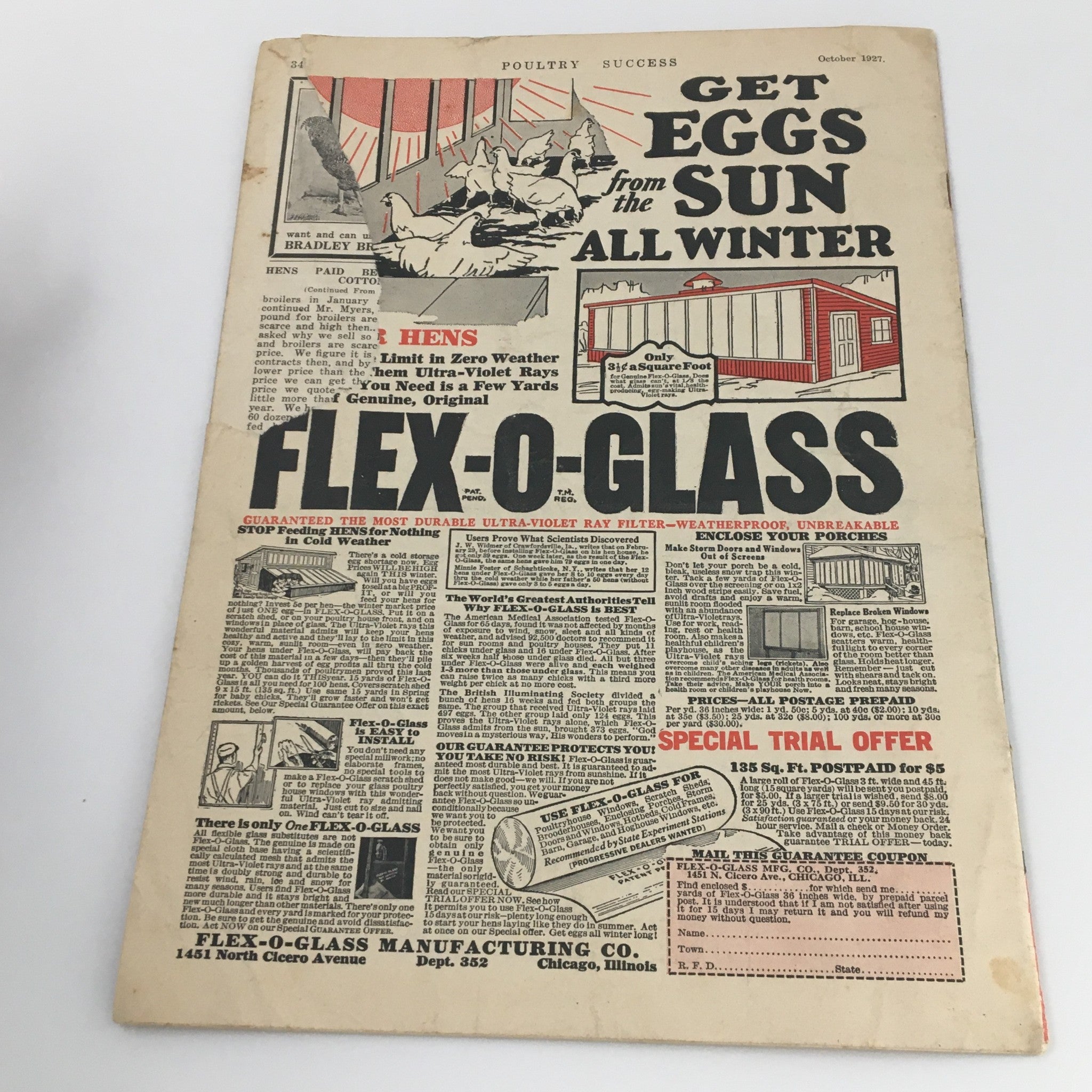 Cover of VTG Poultry Success Magazine October 1927 showcasing an advertisement for FLEX-O-GLASS, promoting poultry care solutions for winter.