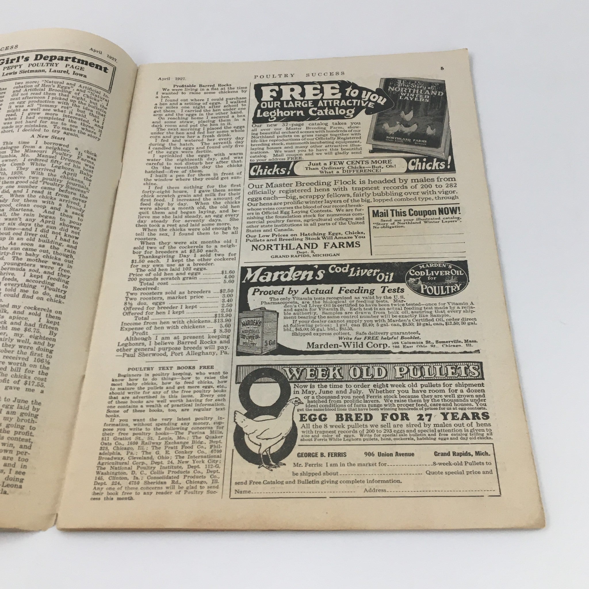 Interior page from VTG Poultry Success Magazine April 1927 featuring advertisements for poultry supplies, showcasing historical agricultural practices and products.