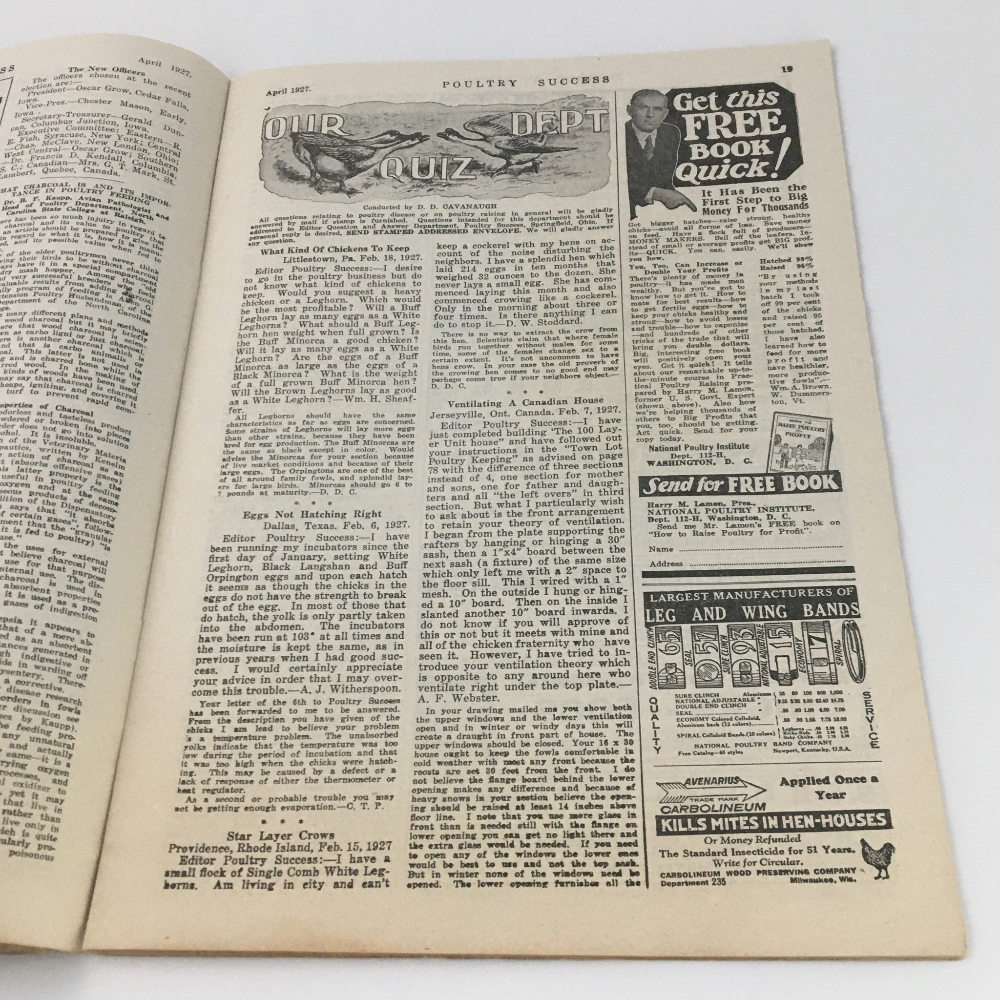 Another interior page from VTG Poultry Success Magazine April 1927, highlighting articles and advertisements related to poultry care and breeding practices.