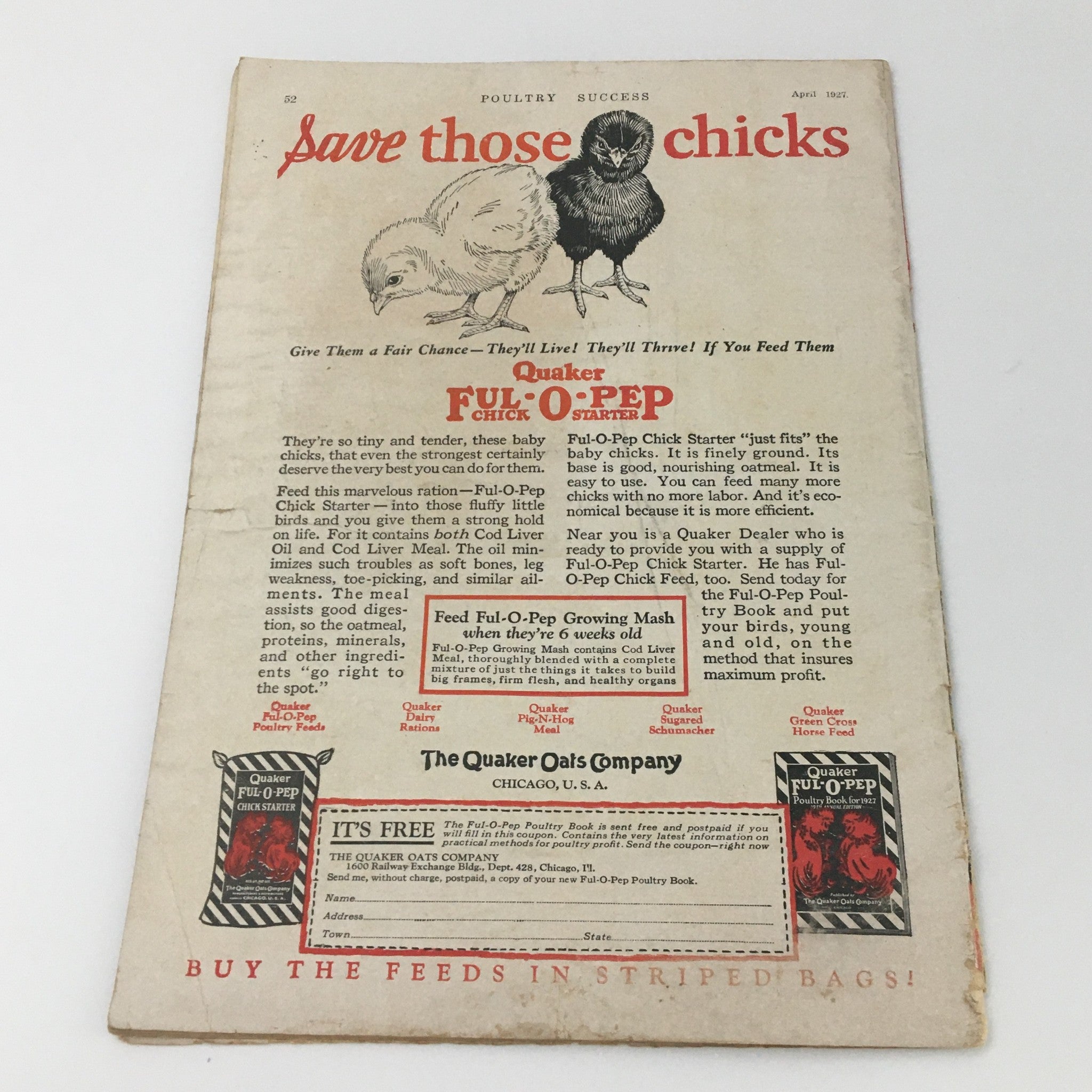 Cover page of VTG Poultry Success Magazine April 1927, emphasizing the call to action to save chicks with detailed advertising on poultry feed.