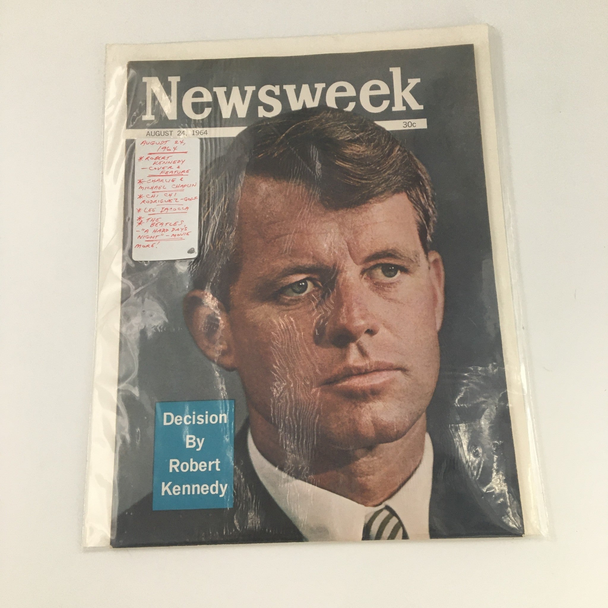 VTG Newsweek Magazine August 24 1964 Robert Kennedy Cover featuring a portrait of Robert Kennedy with the title 'Decision By Robert Kennedy' prominently displayed.