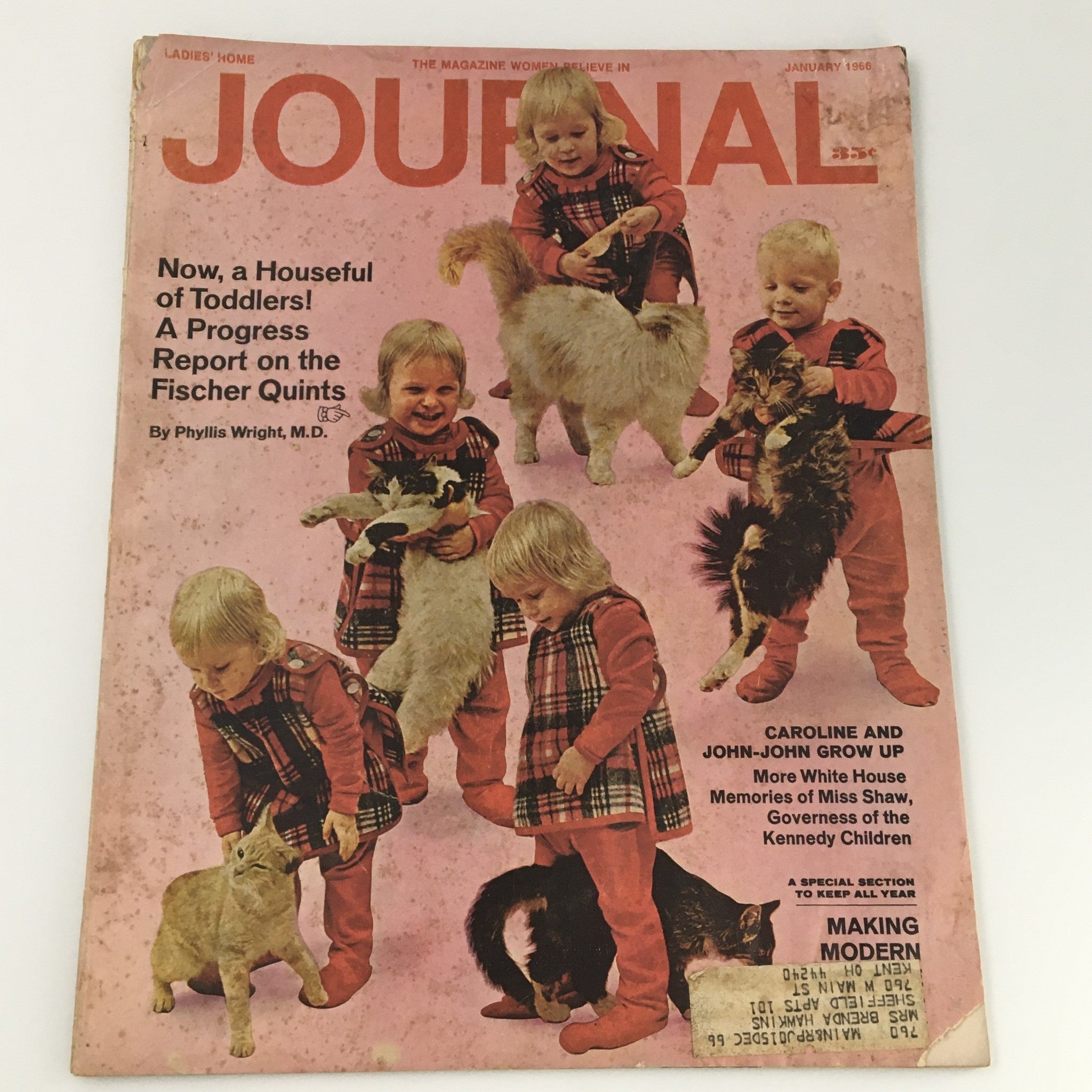 VTG Journal Magazine from January 1966 featuring a nostalgic cover with children playing with pets, highlighting the theme 'Caroline and John-John Grow Up.' This vintage publication is a collectible piece of American history.