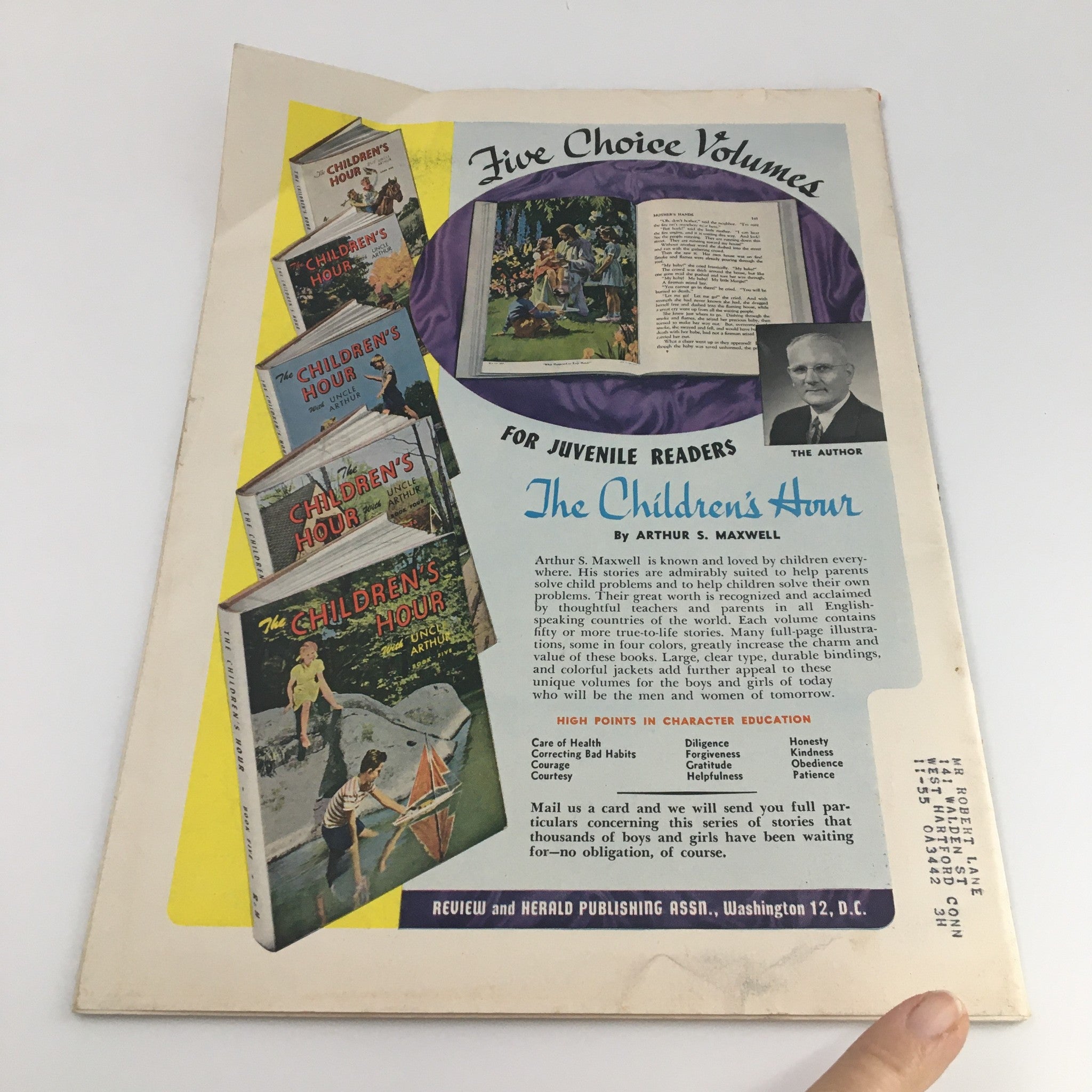 Back cover of the VTG Life and Health Journal from December 1953 promoting 'The Children's Hour' series by Arthur S. Maxwell, showcasing vintage children's books and educational themes related to character education.