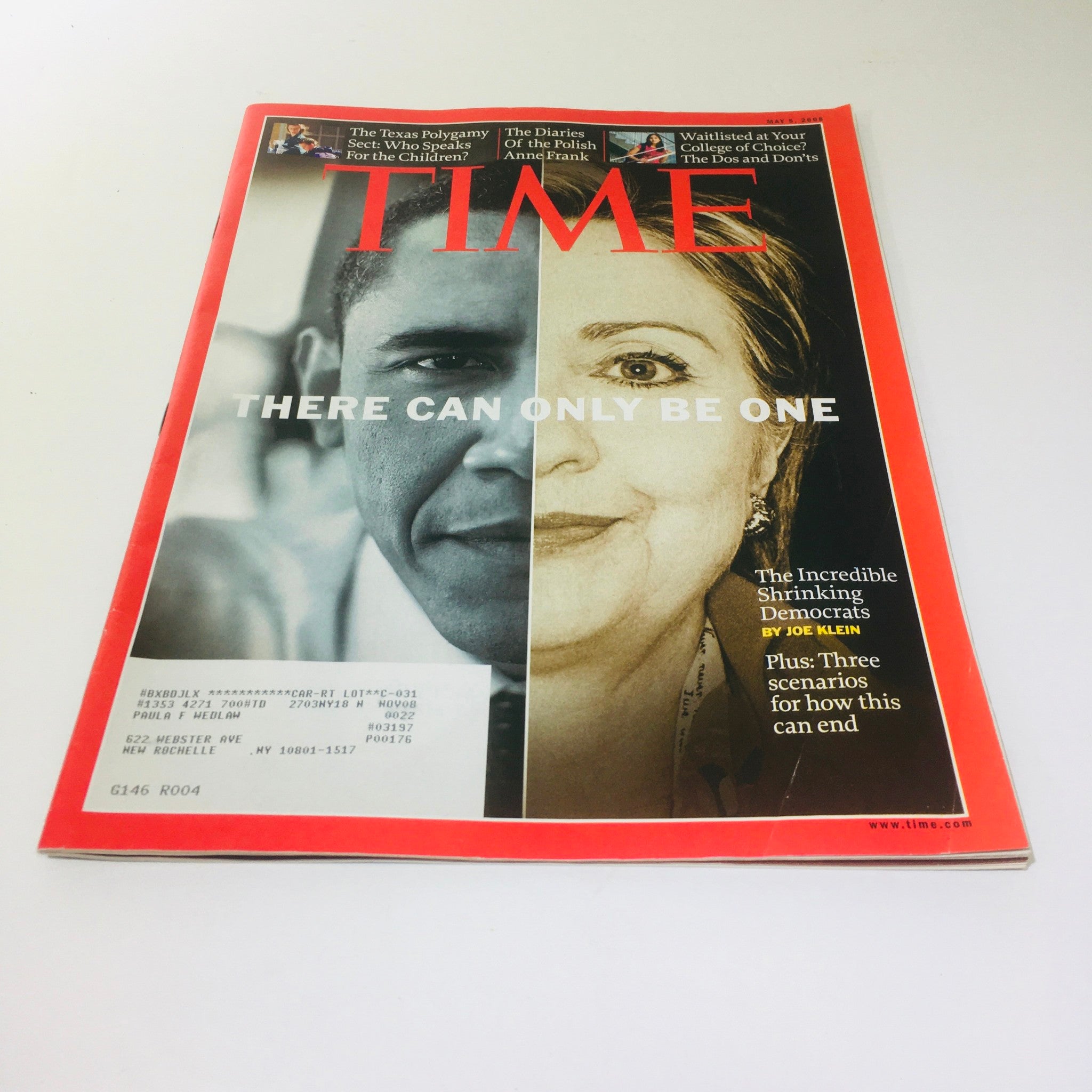 Time Magazine: May 5 2008 - There Can Only Be One: Obama and Clinton