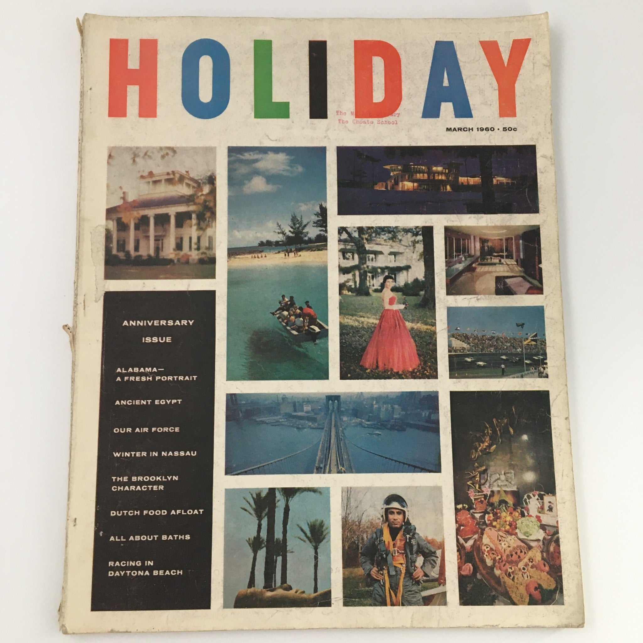 Cover of the Vintage Holiday Magazine March 1960 featuring a collage of photographs and articles including The Brooklyn Character, showcasing a vibrant collection of visuals.