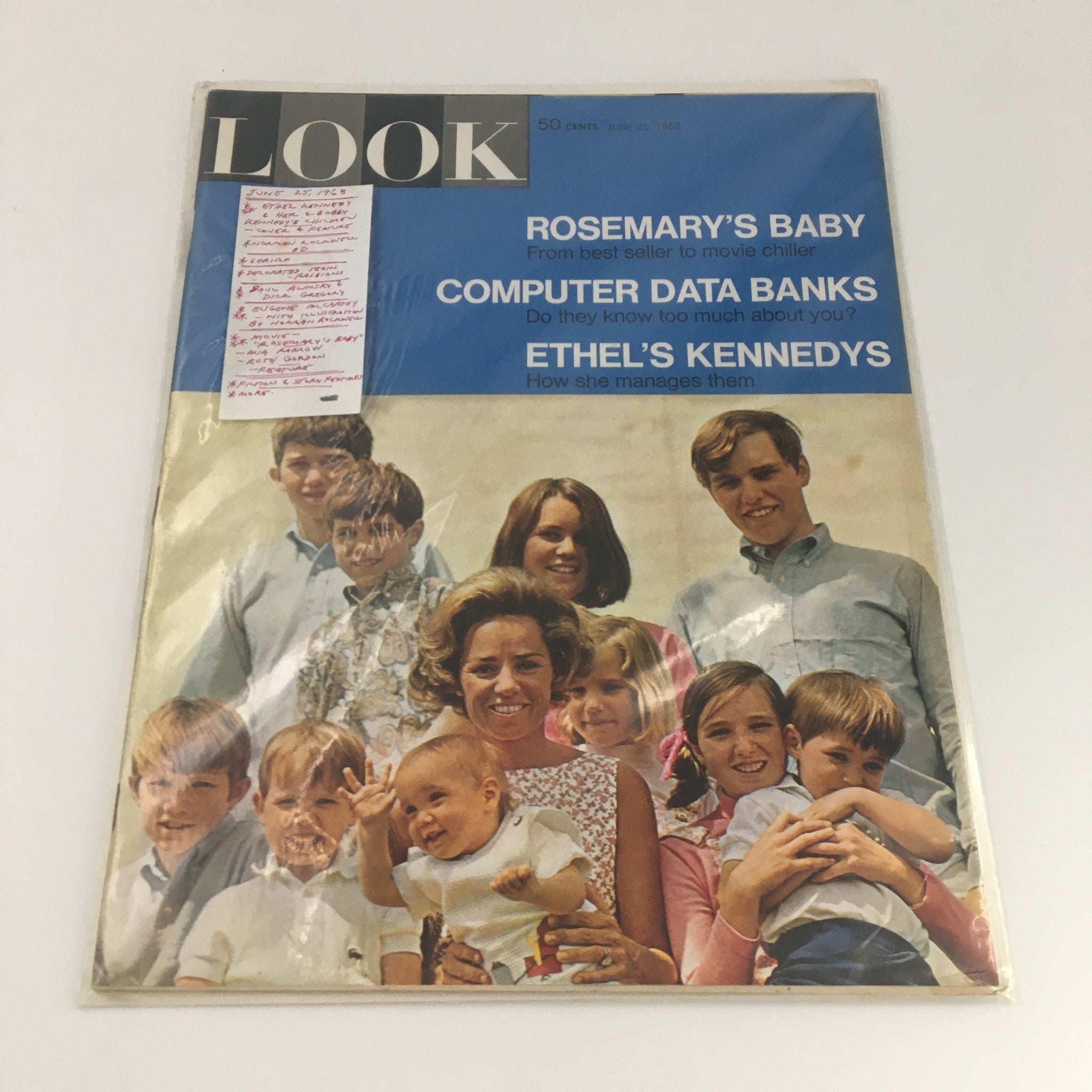 VTG Look Magazine June 25 1968 Ethel and Robert Kennedy Family Cover, with the magazine in protective packaging, highlighting Ethel and children, representing a significant historical piece.