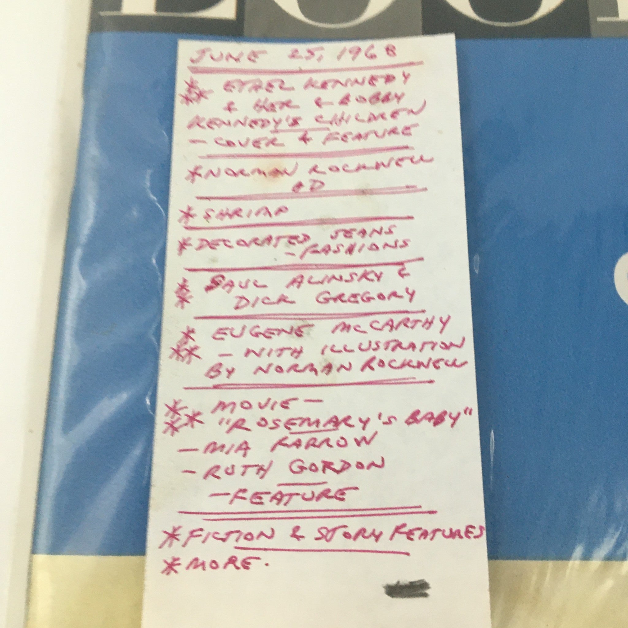Detail of the VTG Look Magazine June 25 1968 cover featuring Ethel and Robert Kennedy Family, showcasing a list of featured articles and advertisements from the issue.