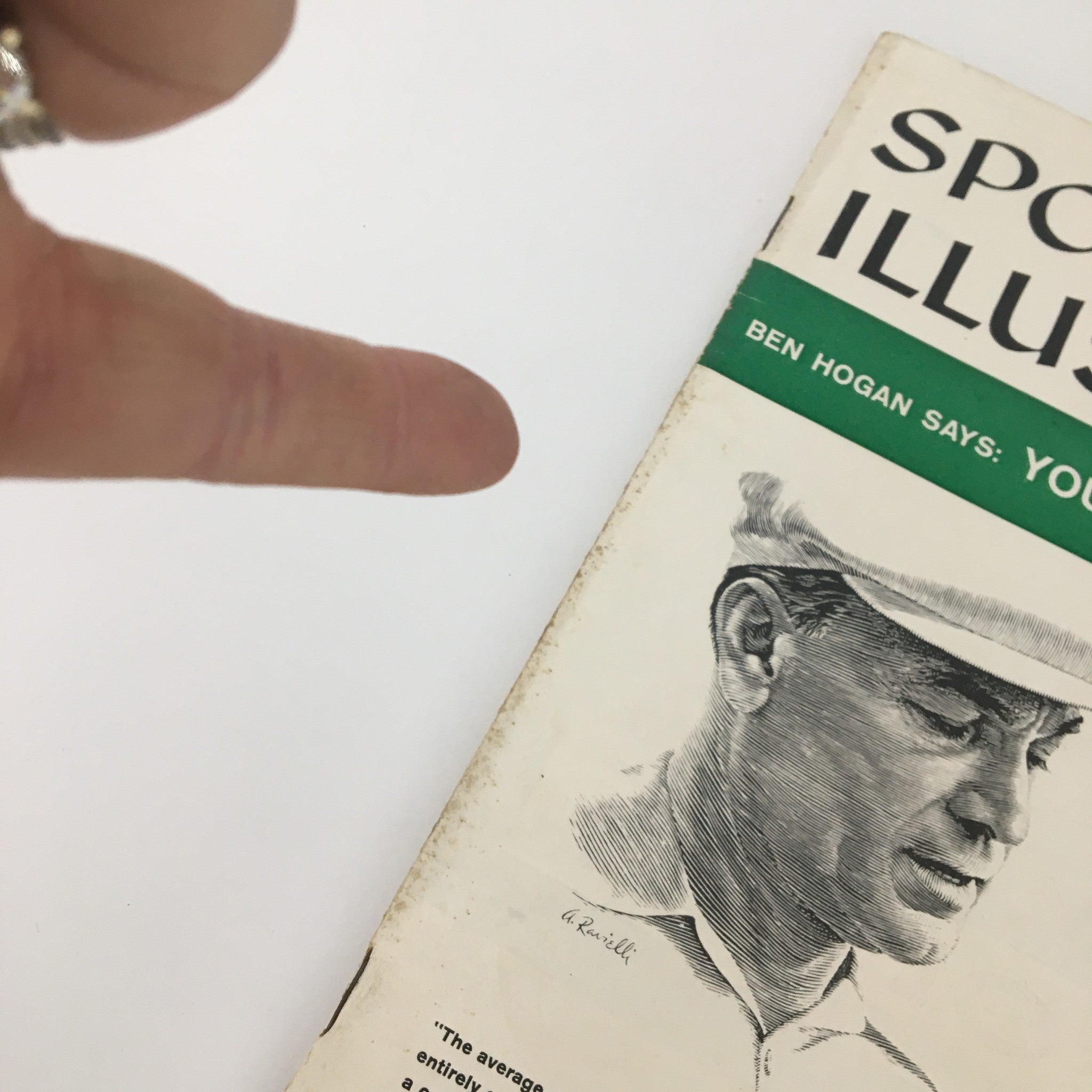 Close-up of the cover of the VTG Sports Illustrated Magazine from March 11, 1957, highlighting Ben Hogan's feature with an illustration and the quote on golfing fundamentals.