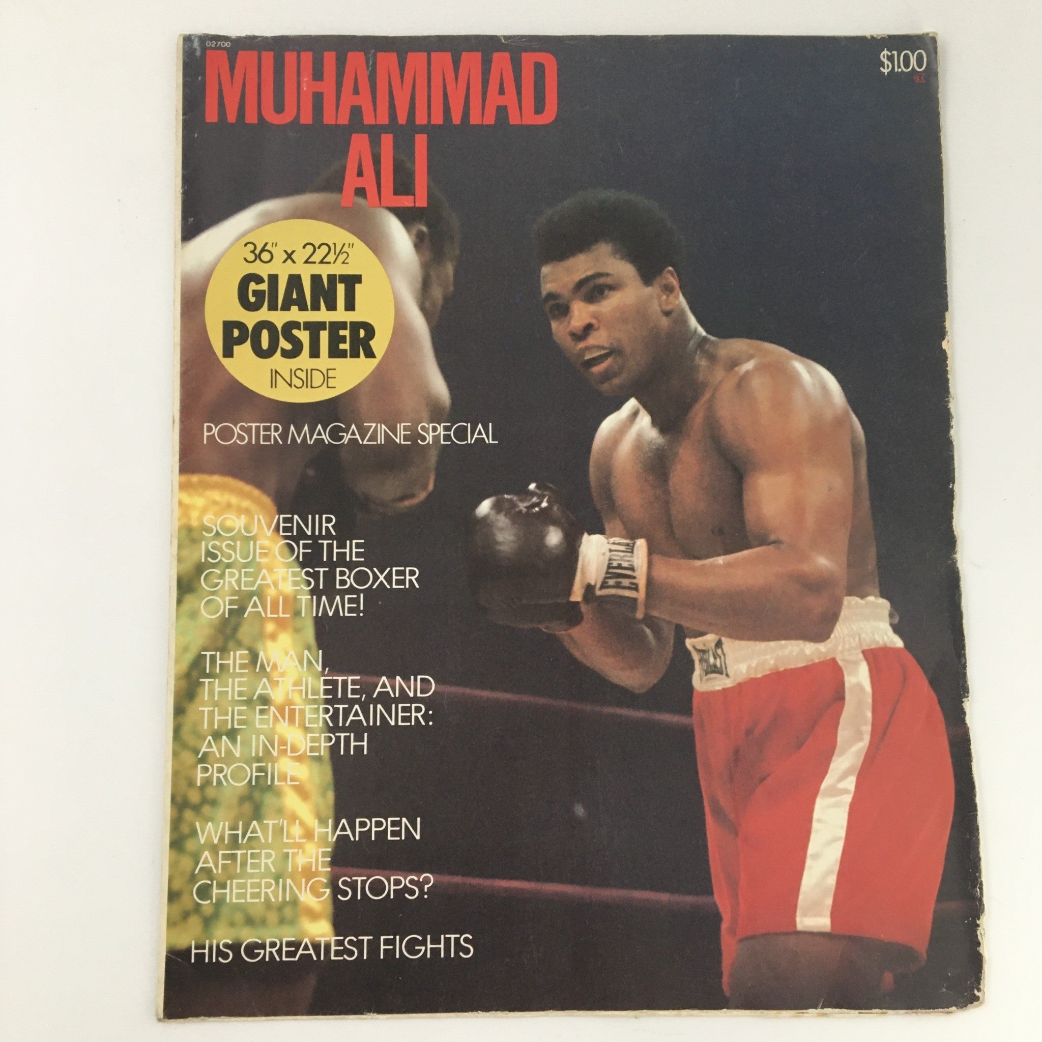 VTG 1975 Muhammad Ali Giant Poster Magazine Special Cover featuring a striking image of Muhammad Ali in a boxing stance, emphasizing the magazine's retro appeal and collectible nature.