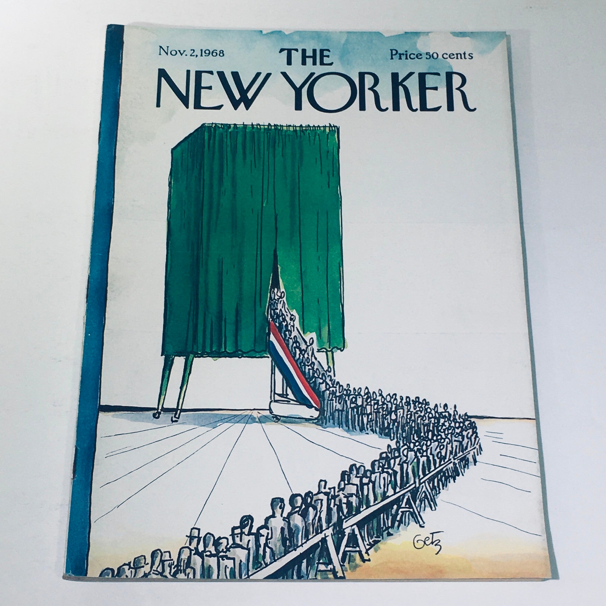 Cover of The New Yorker Magazine November 2 1968 Election Day by Arthur Getz, featuring a green voting curtain and a crowd waiting to vote, capturing the essence of American democracy.