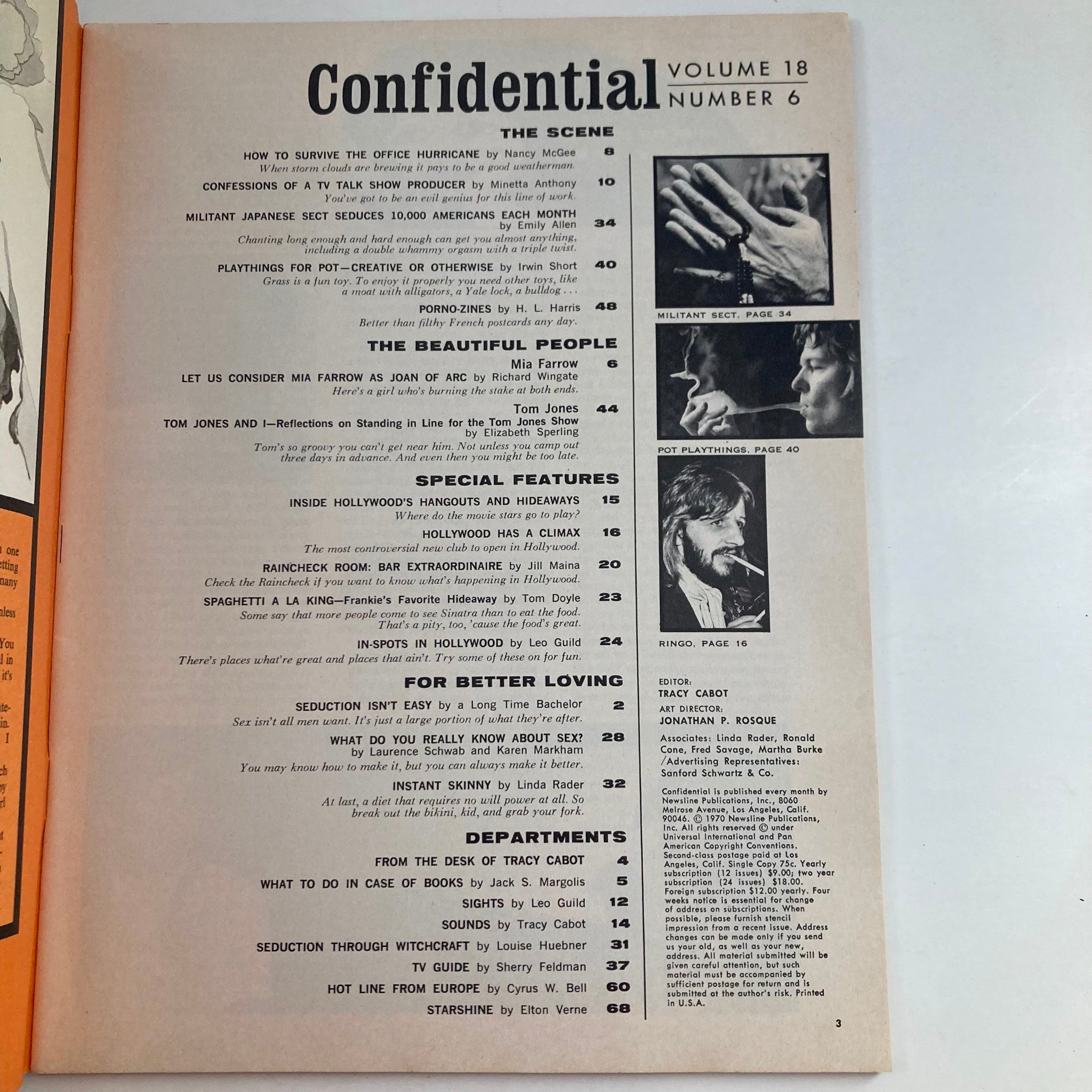 Interior page from VTG Confidential Magazine June 1970, Vol 18 No. 6 featuring Table of Contents and articles related to Mia Farrow and other celebrities, providing a glimpse into the pop culture of the 1970s.