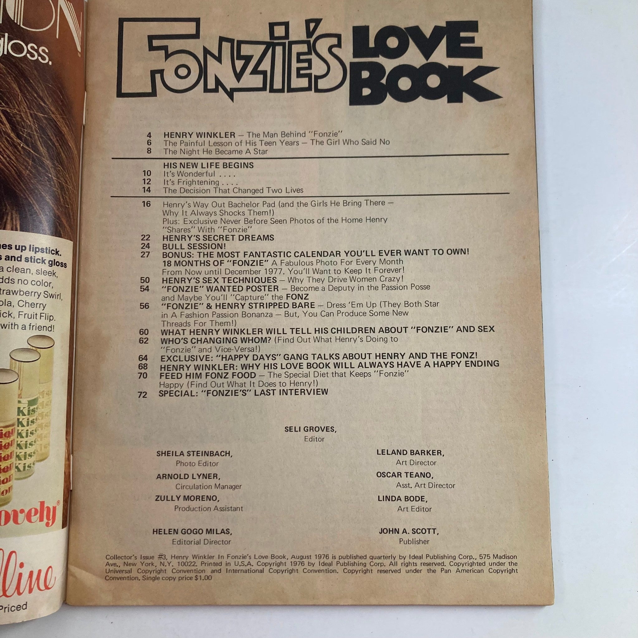Interior contents page of VTG Fonzie's Love Book Magazine August 1976, detailing articles and features about Henry Winkler and Fonzie.