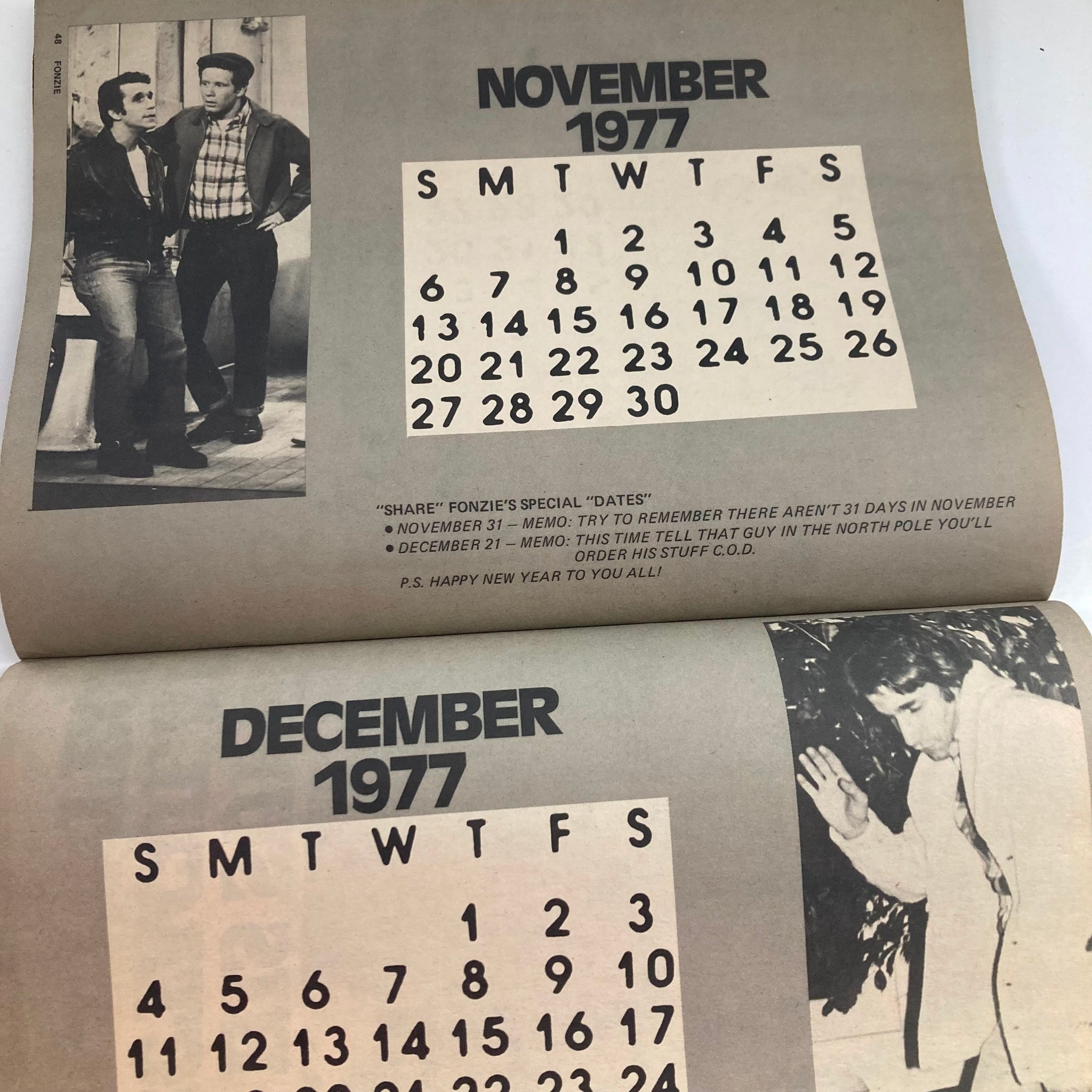 November and December 1977 calendar page from Fonzie's Love Book, featuring humorous notes and images related to the iconic character Fonzie from Happy Days.