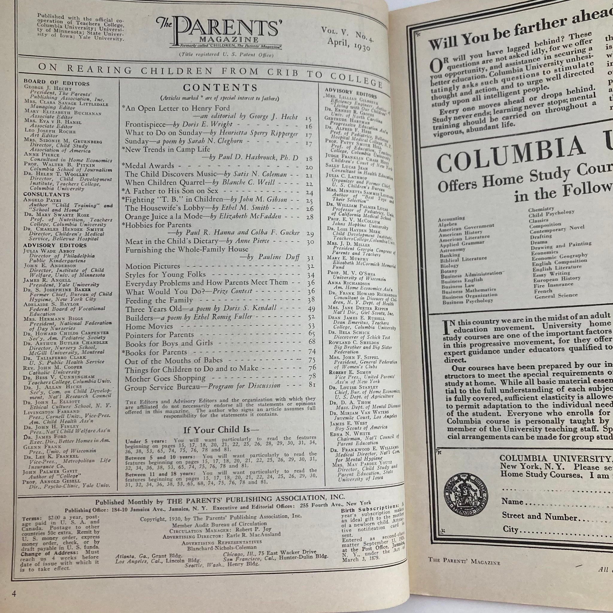 VTG The Parents' Magazine April 1930 An Open Letter to Henry Ford No Label