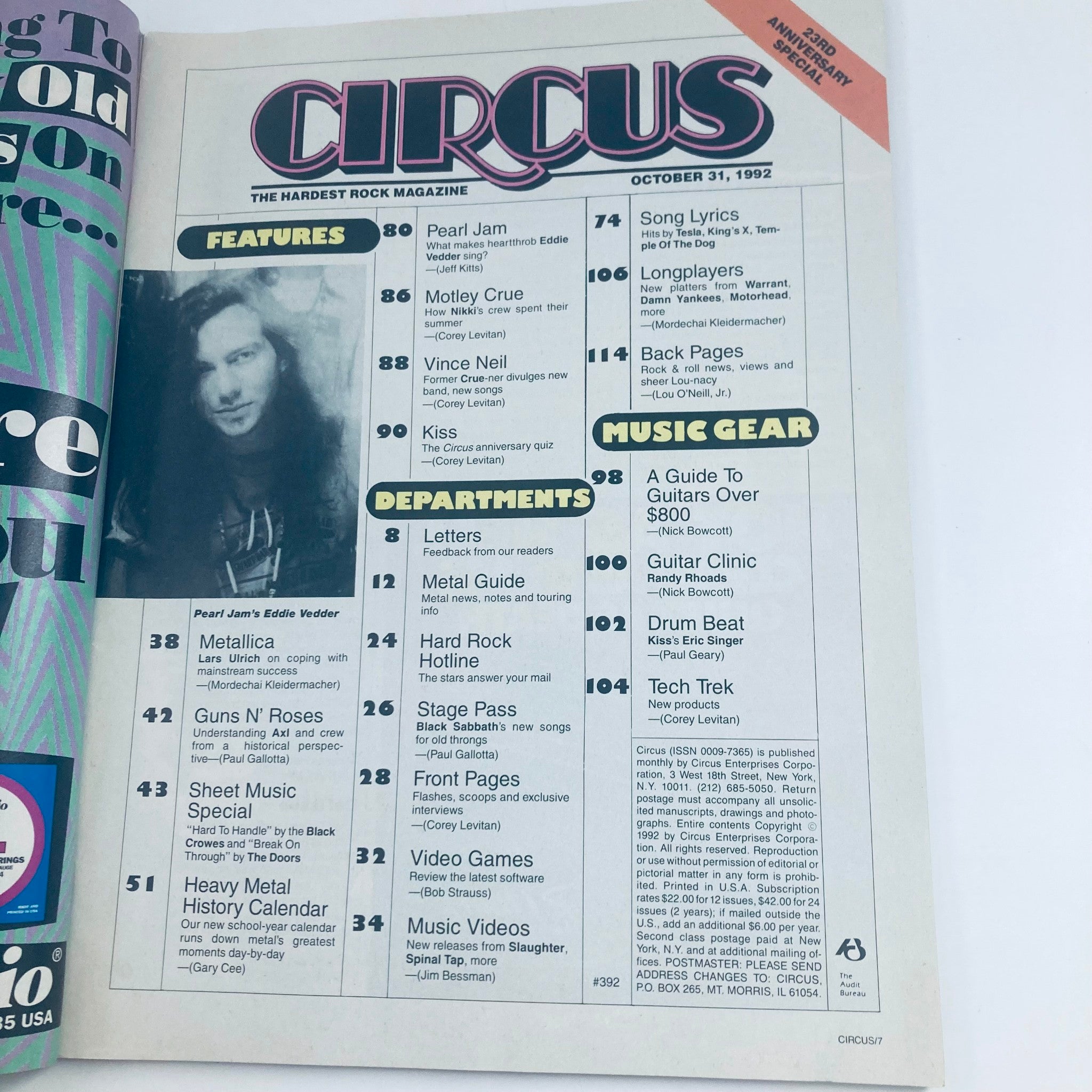 Circus Magazine October 31 1992 Eddie Vedder & James Hetfield No Label