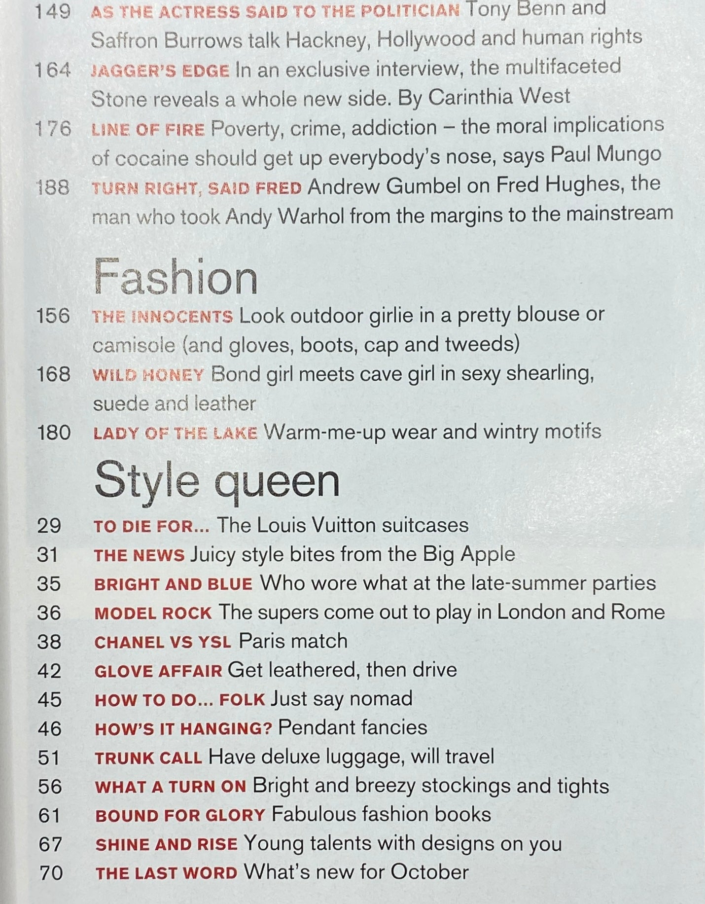 Interior page of Harpers & Queen British Edition Magazine October 2001 showcasing fashion articles, including a section on Louis Vuitton suitcases.