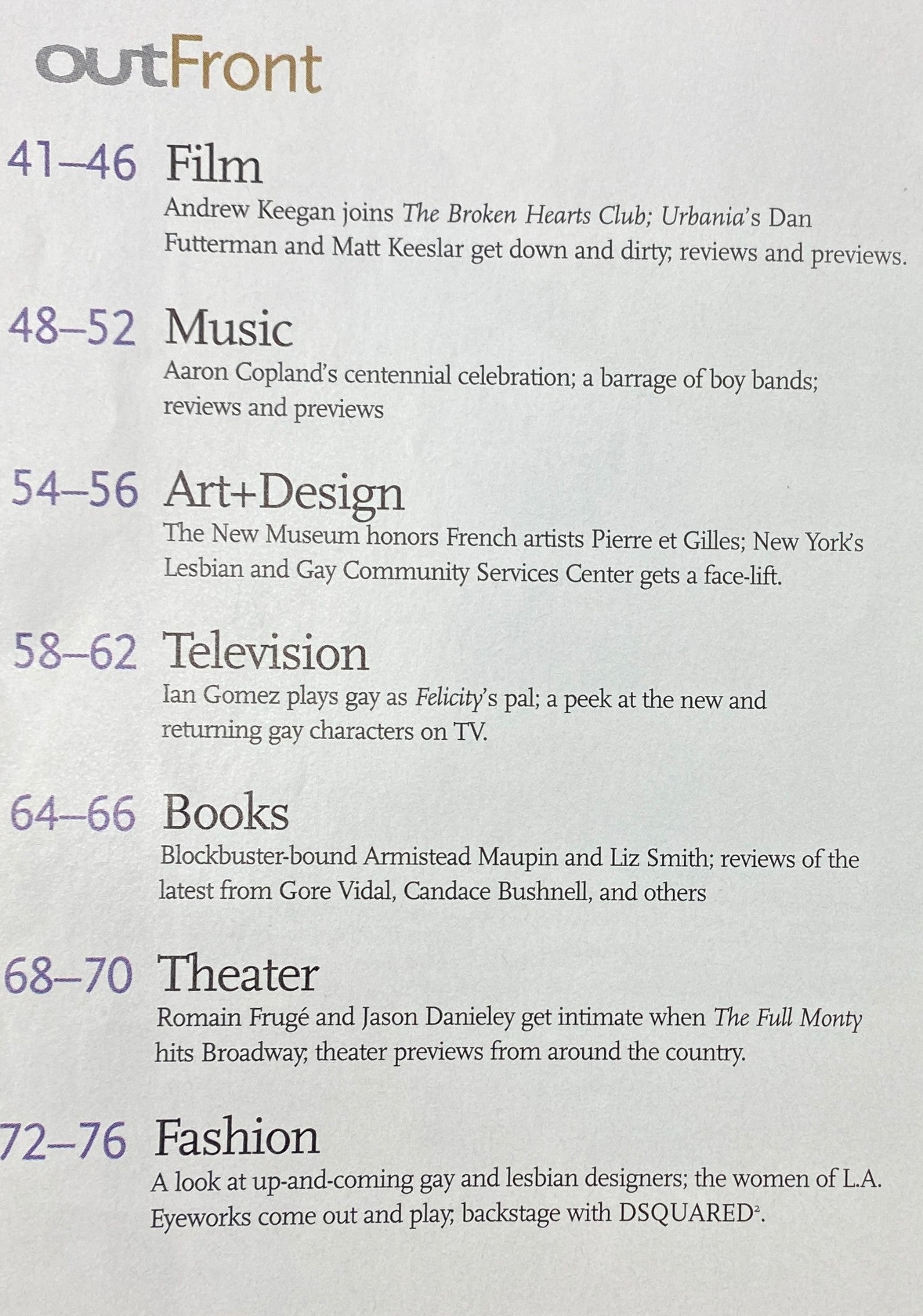 Contents page from Out Magazine September 2000, detailing sections on film, music, and fashion trends, showcasing cultural topics from the era.