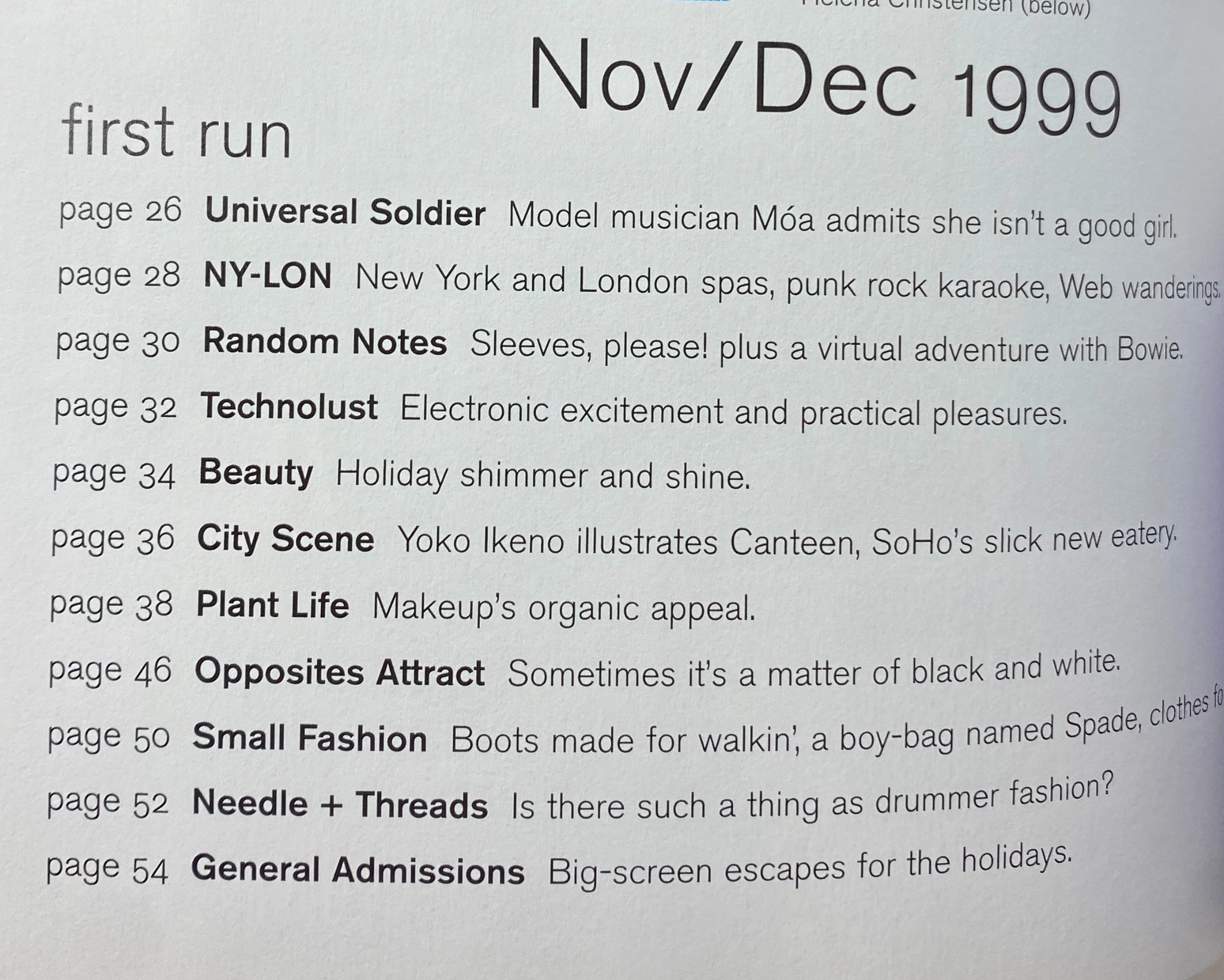 Table of contents from Nylon Magazine November - December 1999, highlighting various articles and fashion themes from the issue.