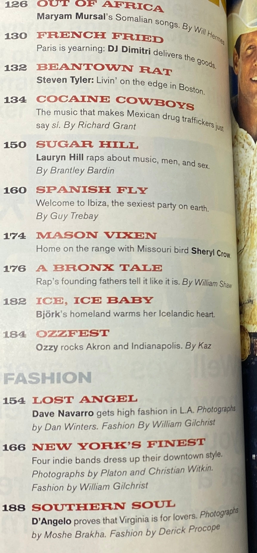 Table of contents from Details Magazine November 1998, listing significant articles including features on Lauryn Hill and Maryam Mursal, reflecting the cultural commentary of the era.