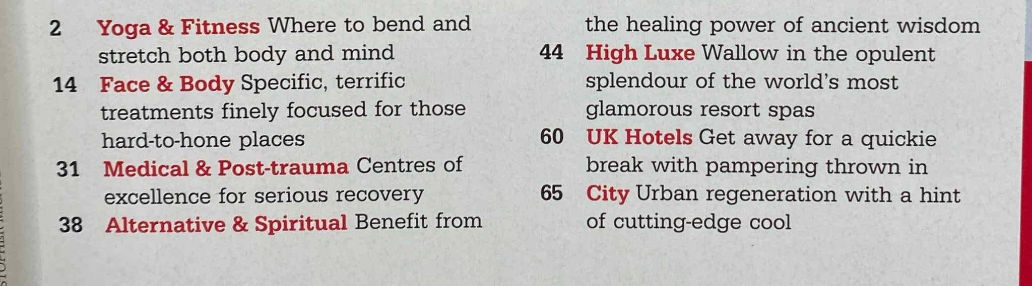 Table of contents from Harpers Magazine 2006 Spa Guide, detailing features such as yoga, spa treatments, and wellness trends.