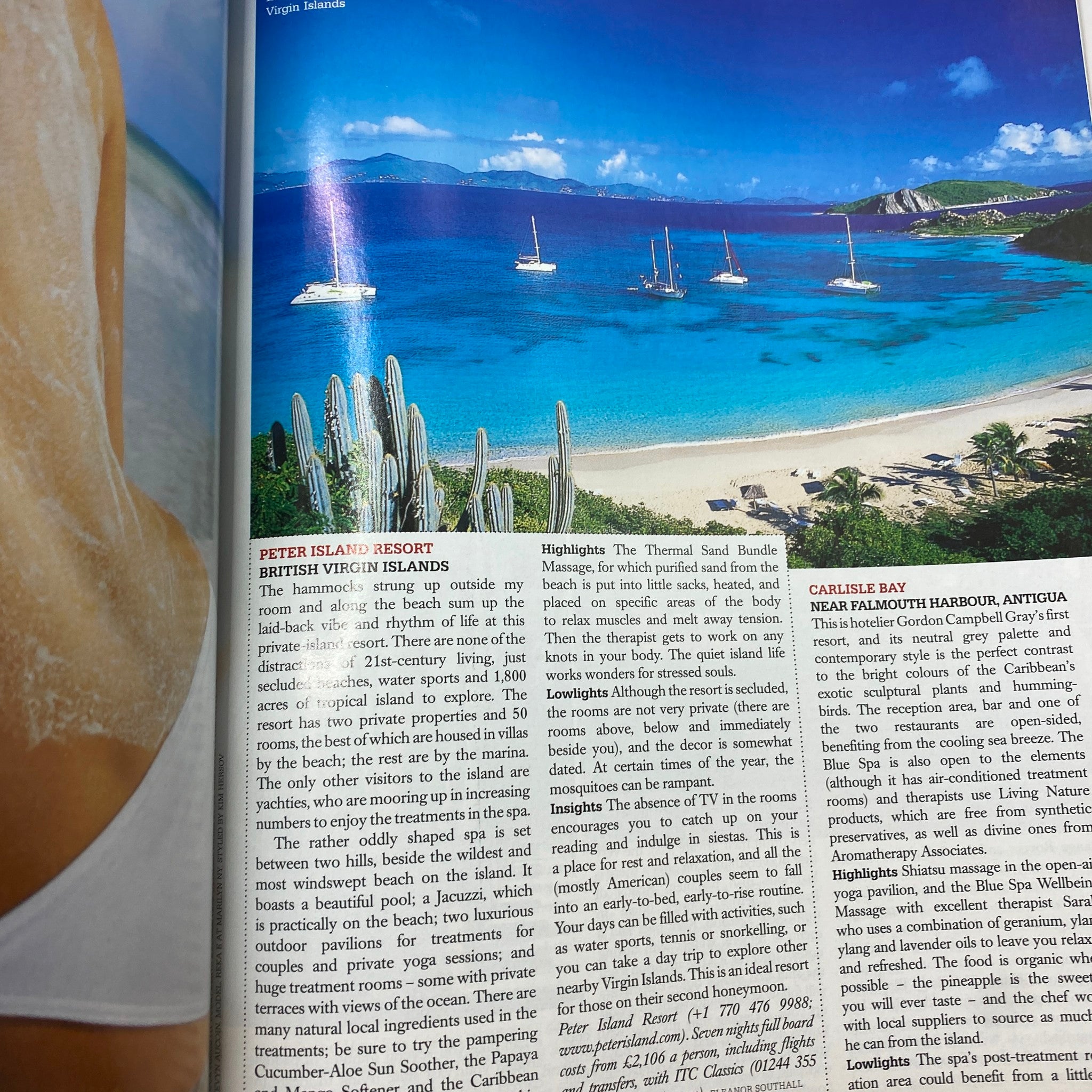 An article page from Harpers Magazine 2006 Spa Guide showcasing Peter Island Resort in the British Virgin Islands, with stunning beach views and spa highlights.