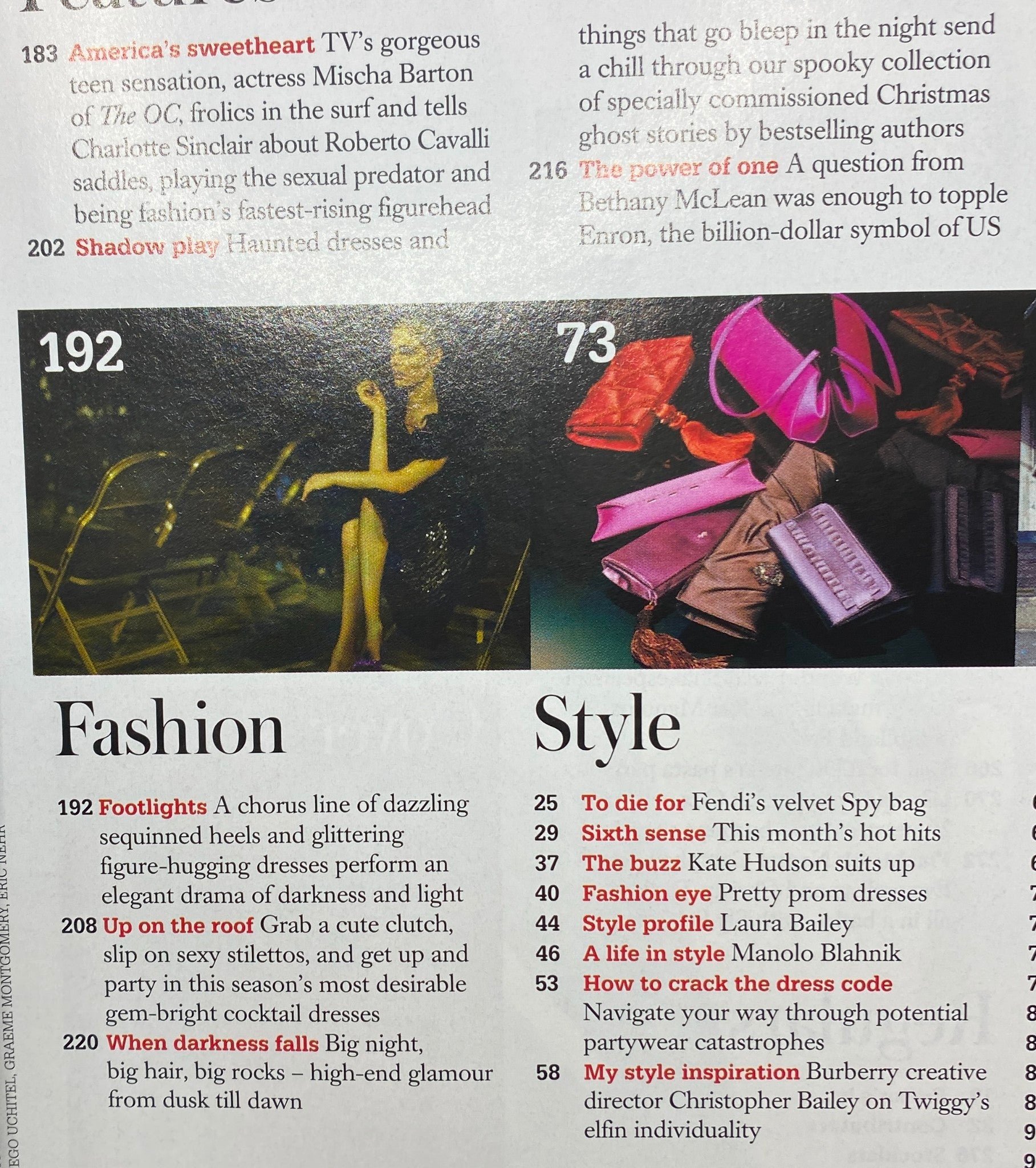 Interior page of Harpers & Queen UK Magazine December 2005 highlighting fashion features, including sequined heels and glamorous dresses.