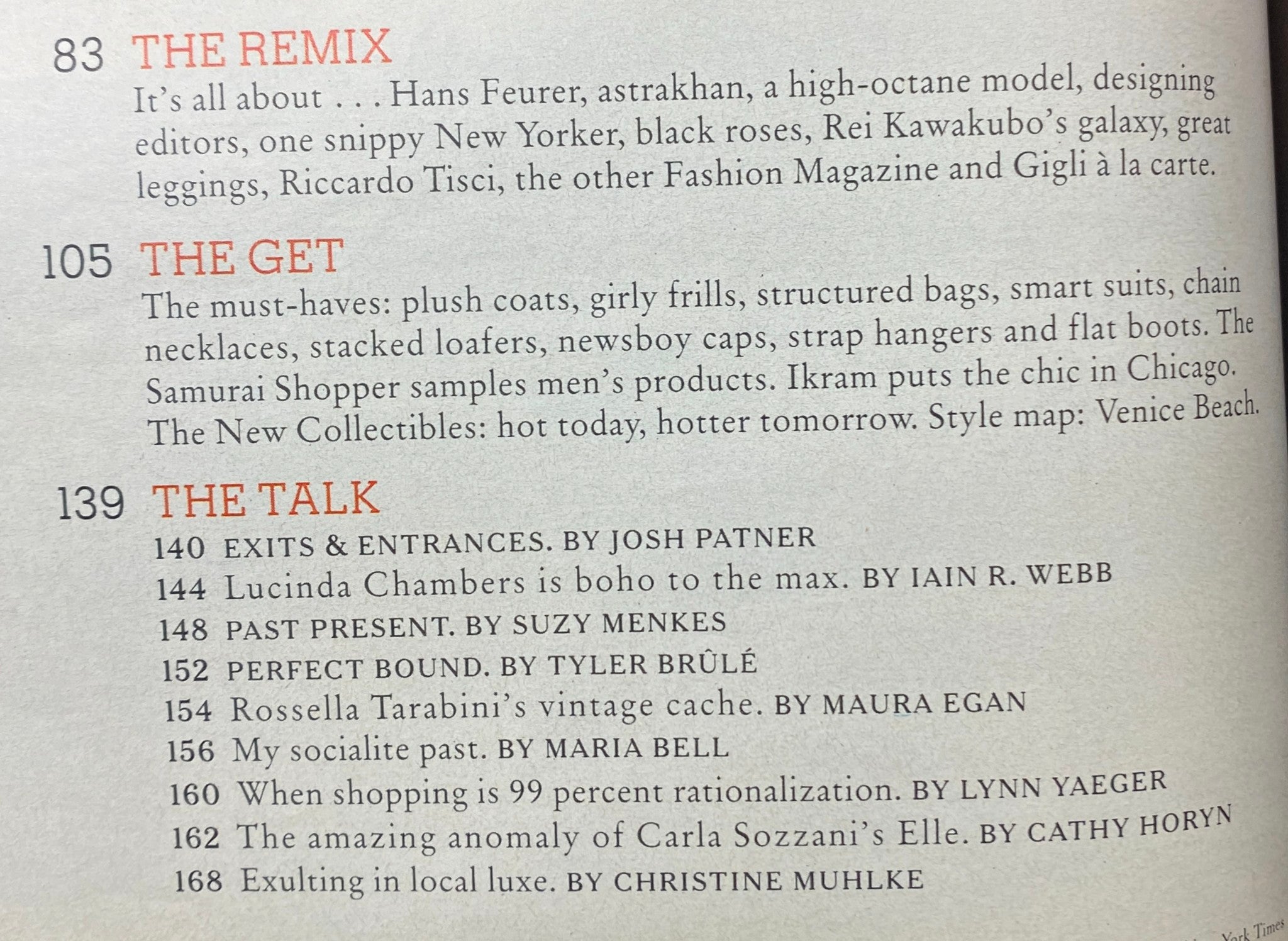 Content page from The New York Times Style Magazine 2005, displaying sections titled 'The Remix', 'The Get', and 'The Talk', representing fashion trends and cultural insights.
