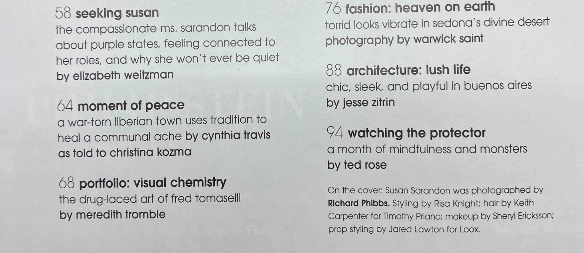 Interior page of Breathe Magazine May - June 2005 presenting article excerpts including 'Seeking Susan', an interview with Susan Sarandon, and features on fashion and architecture.
