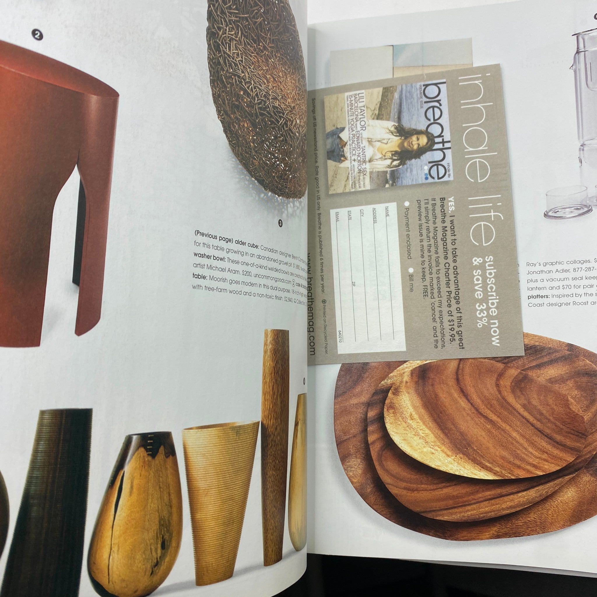 Interior page of Breathe Magazine May - June 2005 displaying stylish home decor items alongside subscription information, emphasizing the magazine's focus on lifestyle and cultural insights.