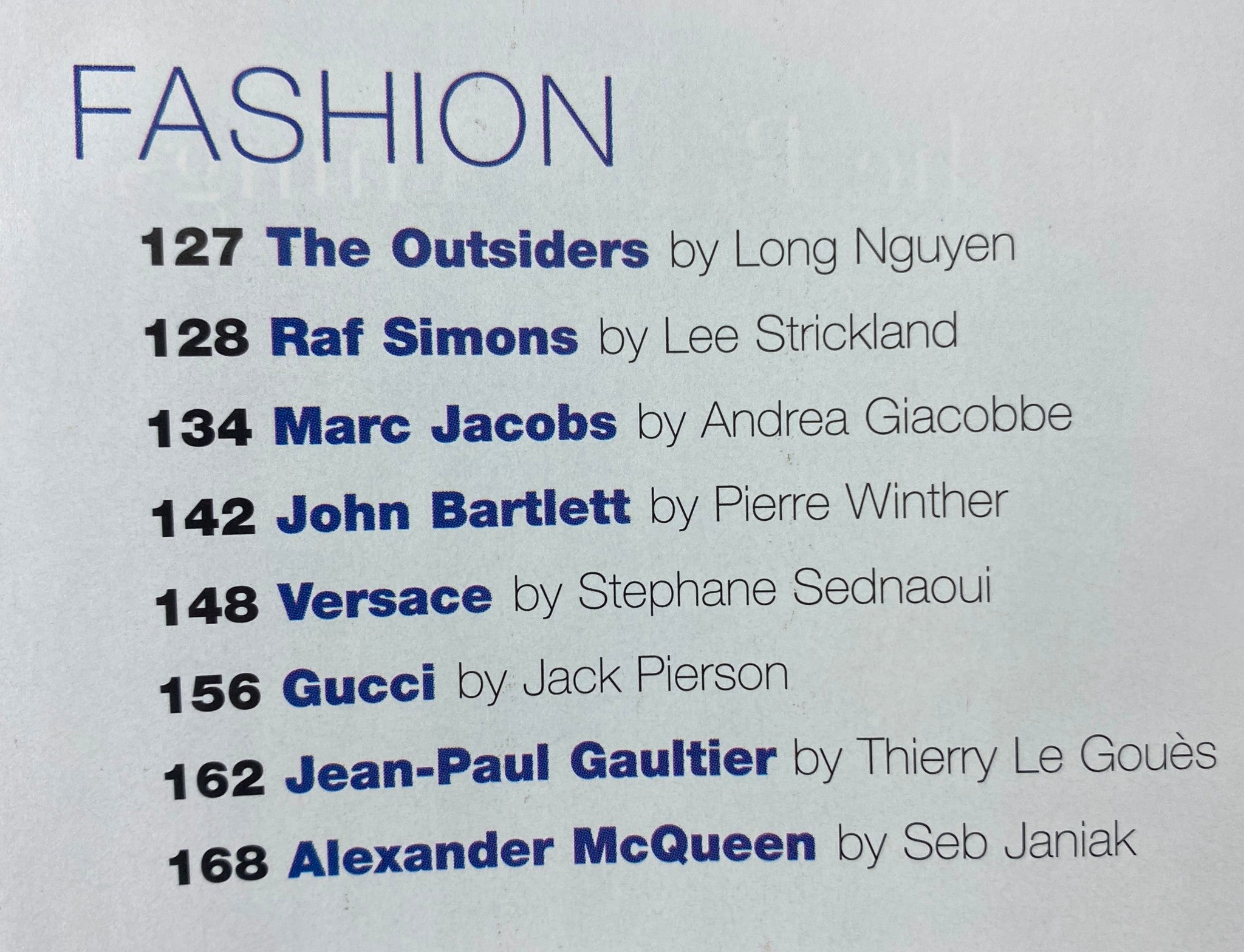 Table of contents from Detour Magazine March 1998, featuring notable fashion designers and articles highlighting the cultural significance of the 90s.