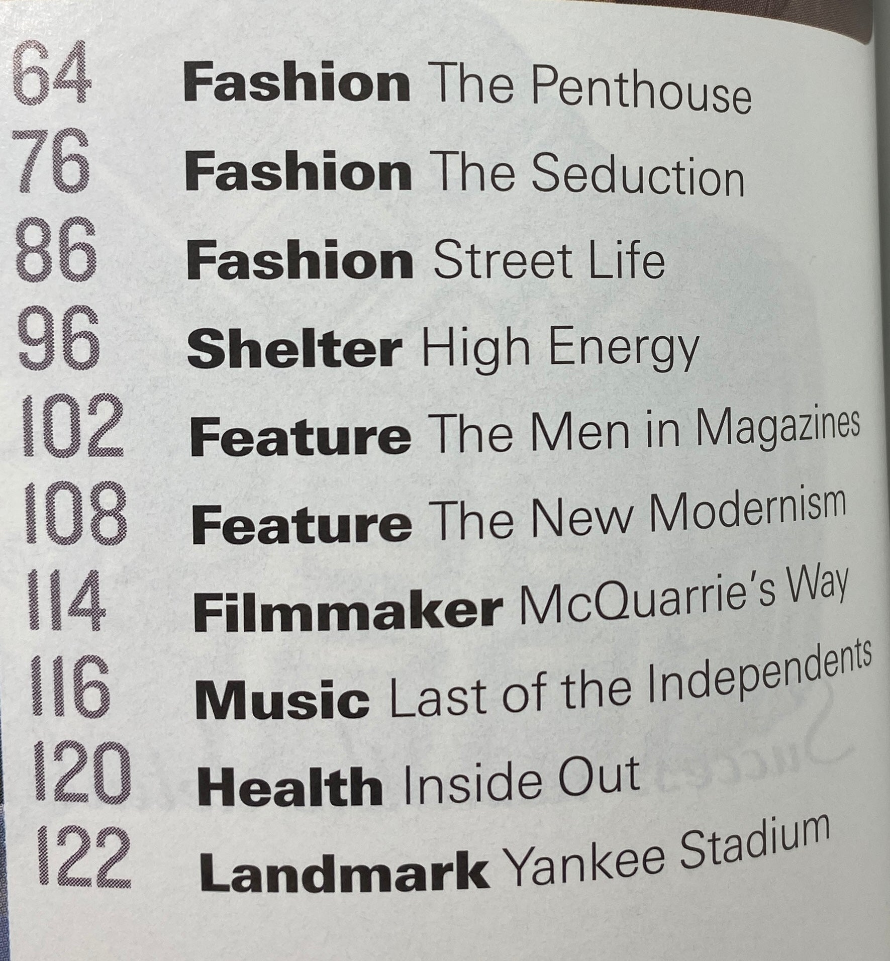 Table of contents from City NY Magazine September - October 2000 outlining featured articles on fashion and culture.