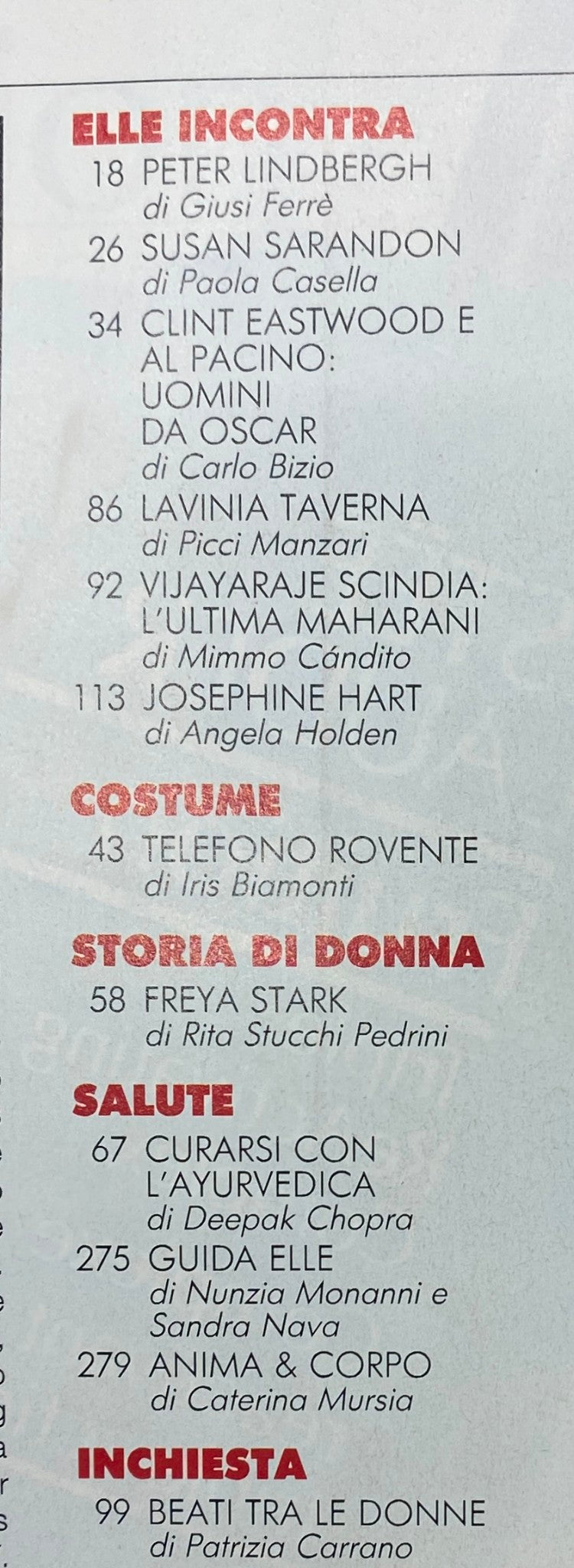 Elle Italia Magazine April 1993 table of contents, listing feature articles including interviews with Clint Eastwood, Susan Sarandon, and Peter Lindbergh.