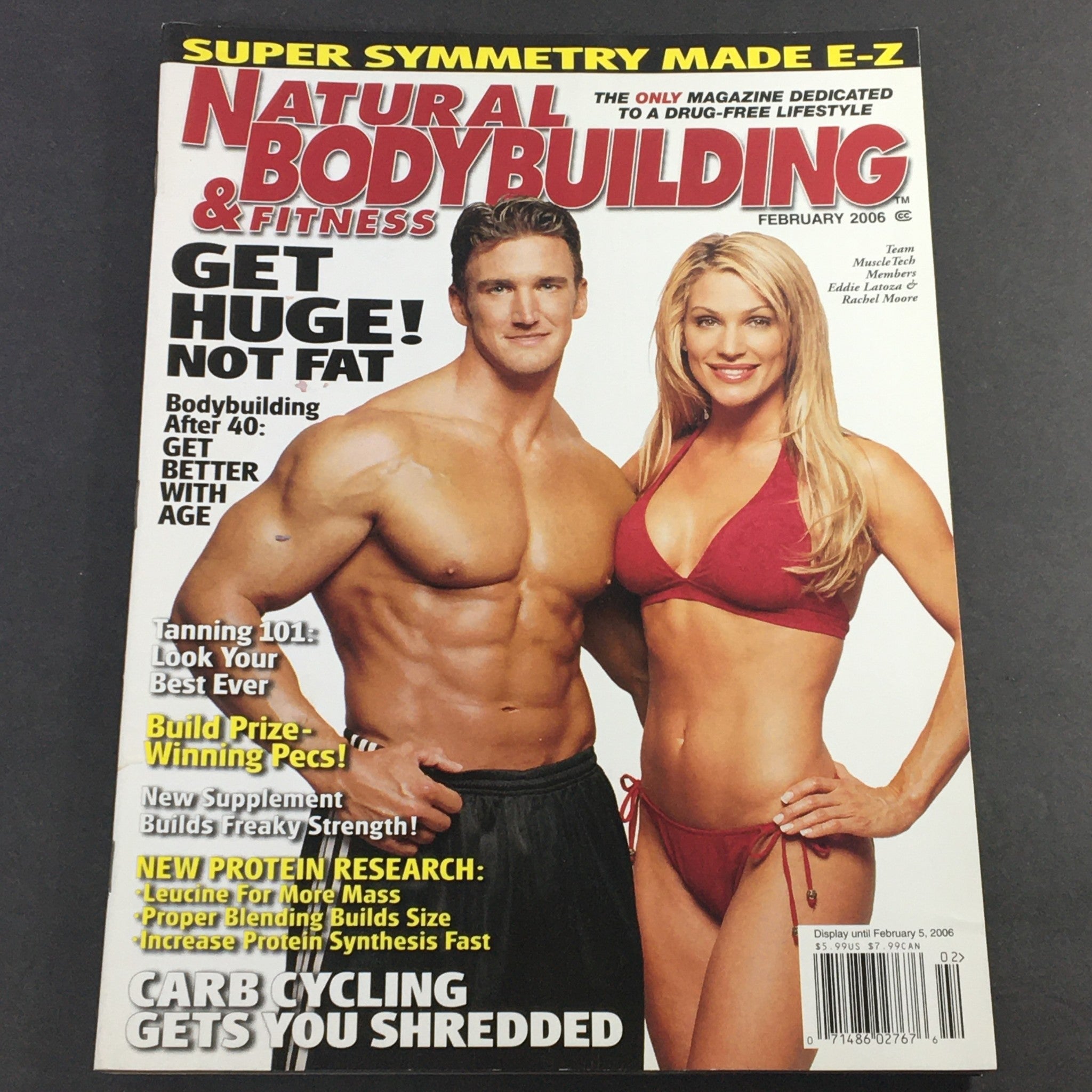 Cover of Natural Bodybuilding & Fitness February 2006 featuring Eddie Latoza and Rachel Moore, with headlines on bodybuilding, fitness tips, and nutrition.